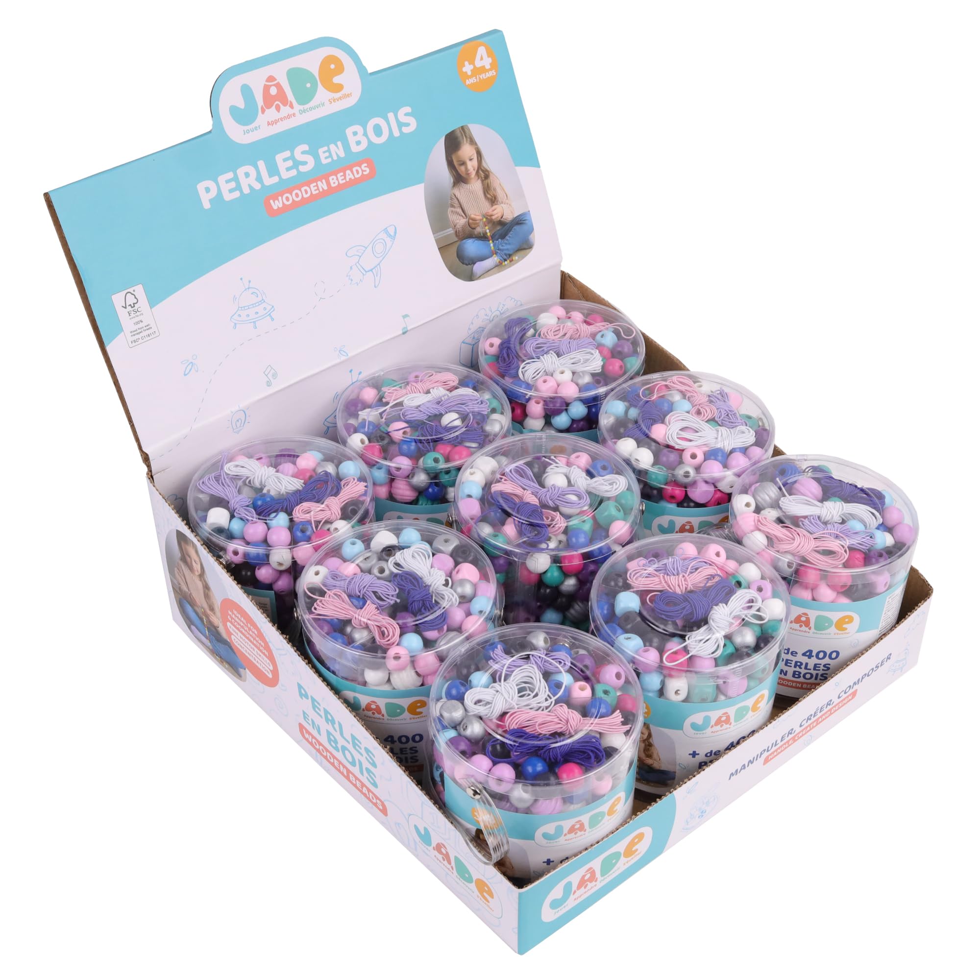 J.A.D.E - Pacco da 9 Set di 400 Perle - Hobby Creativo - 105721PA - Legno FSC - attività Manuali - Set - Adulti - Bambini - Regali - Compleanno - Eco-responsabile - A Partire dai 4 Anni