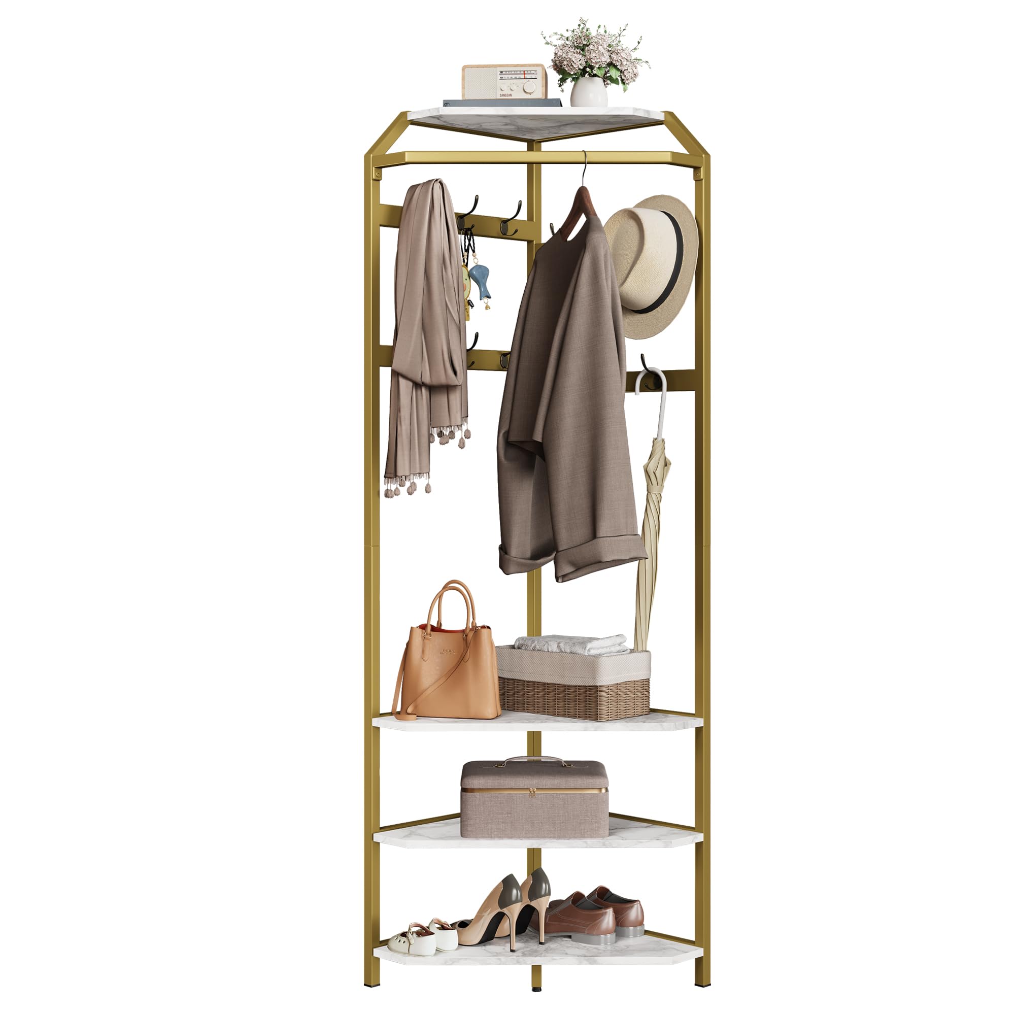 AffinityFurn Corner Coat Rack Stand with Shoe Storage, Standing Corner Hall Tree with 12 Metal Hooks and Wooden Storage Shelves, 4-Tier Corner Clothes Rack for Entryway, Hallway, Bedroom(Gold)