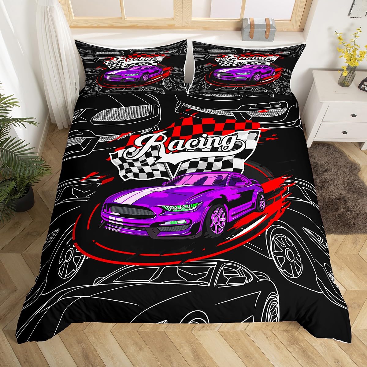 Race Car chłopięca poszewka na kołdrę w rozmiarze L, Racing Extreme Sport, fioletowa, zestaw dla dzieci, ręcznie rysowany, czerwony, czarny, biały, sprawdzony miękki pokrowiec na zamek