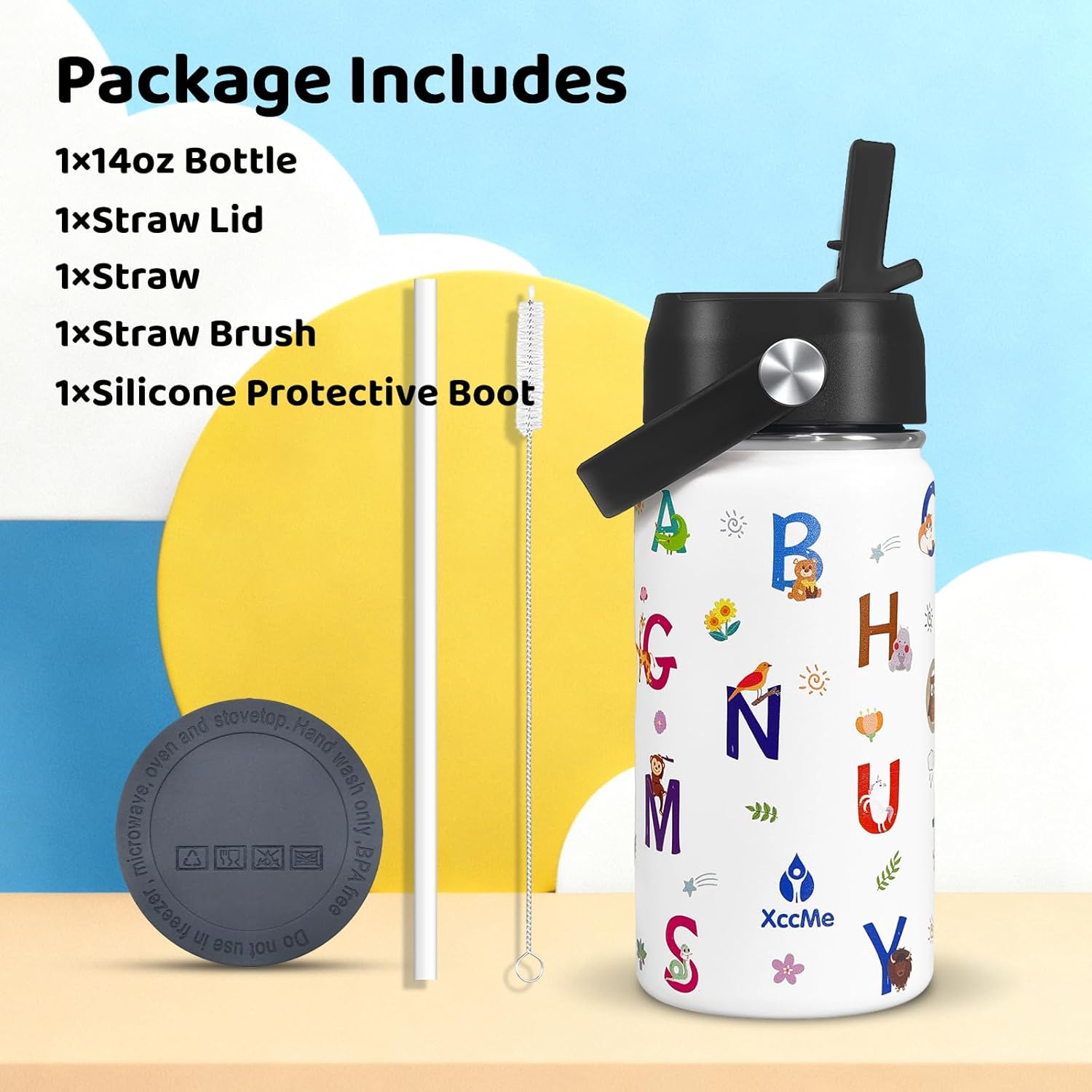 Alphabet Kids Water Bottle With Straw Lid,14 oz Stainless Steel Travel Bottle,Double Wall Leak Proof Kids Cup,Insulated Tumbler for Toddlers,Metal Animal Bottle for School Boys Girls