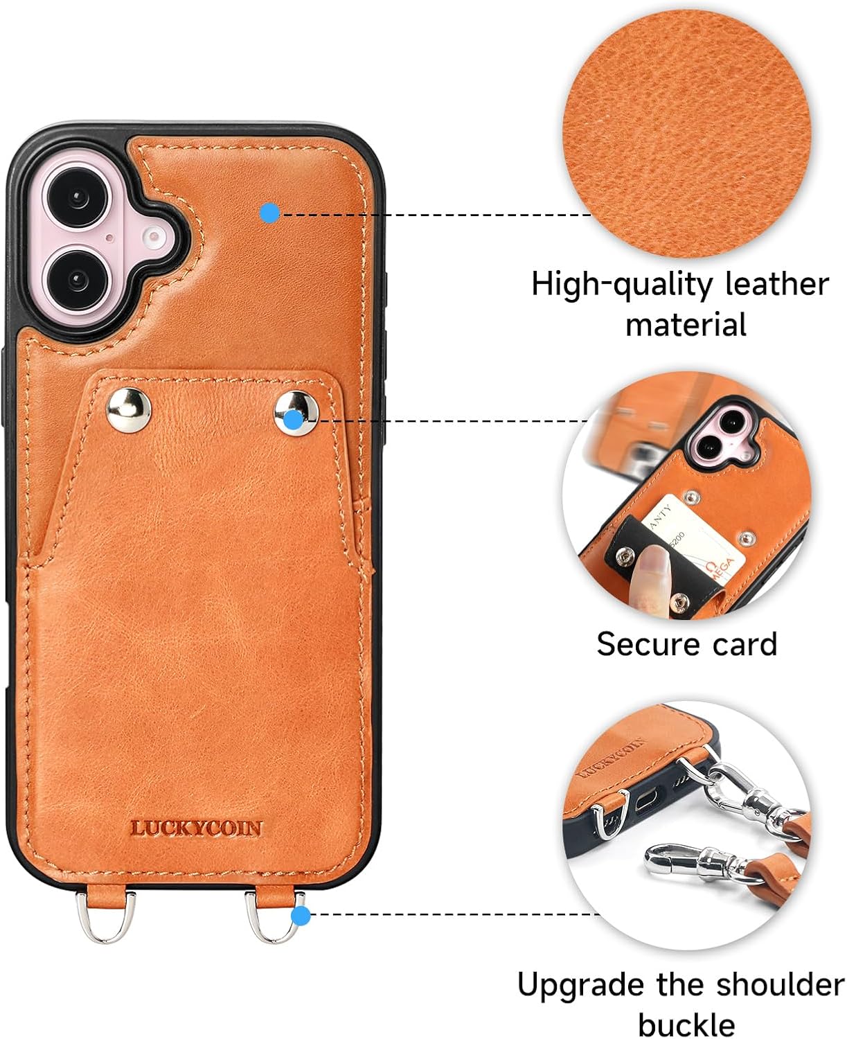 Leather Wallet Phone Case Compatible with iPhone 16 Plus,Crossbody Lanyards Wallet Phone Case for Women,Purse Flip Card Pouch Cover Case with Pouch Clip Card Holder Adjustable Wrist Strap Brown