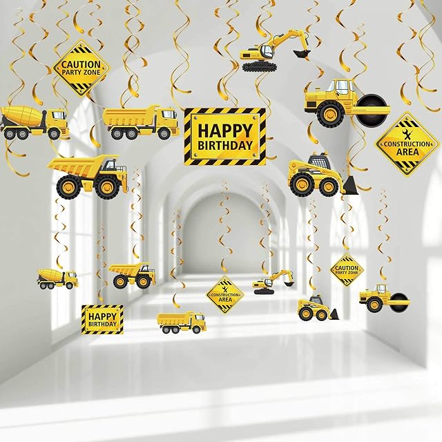 30 Pieces Construction Birthday Party Hanging Swirl Decoration, Traffic Zone Birthday Theme Streamers, Construction Trucks Party Supplies, Caution Signs Tractor Bulldozers Dump Truck Party Foil Swirls