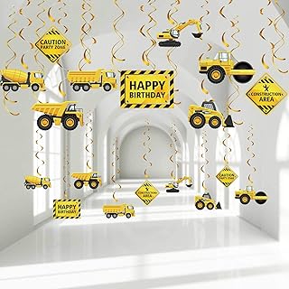 30 Pieces Construction Birthday Party Hanging Swirl Decoration, Traffic Zone Birthday Theme Streamers, Construction Trucks Party Supplies, Caution Signs Tractor Bulldozers Dump Truck Party Foil Swirls