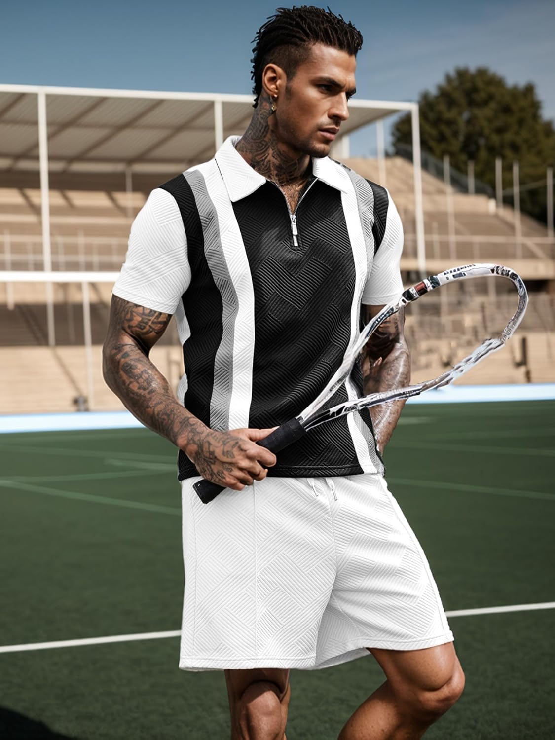 UOUA Mens Summer Track Suits 2 Piece Shorts Sets Short Sleeve Sweatsuit Outfits 1/4 Zip Golf Polo Splicing Striped Shirts - Image 2