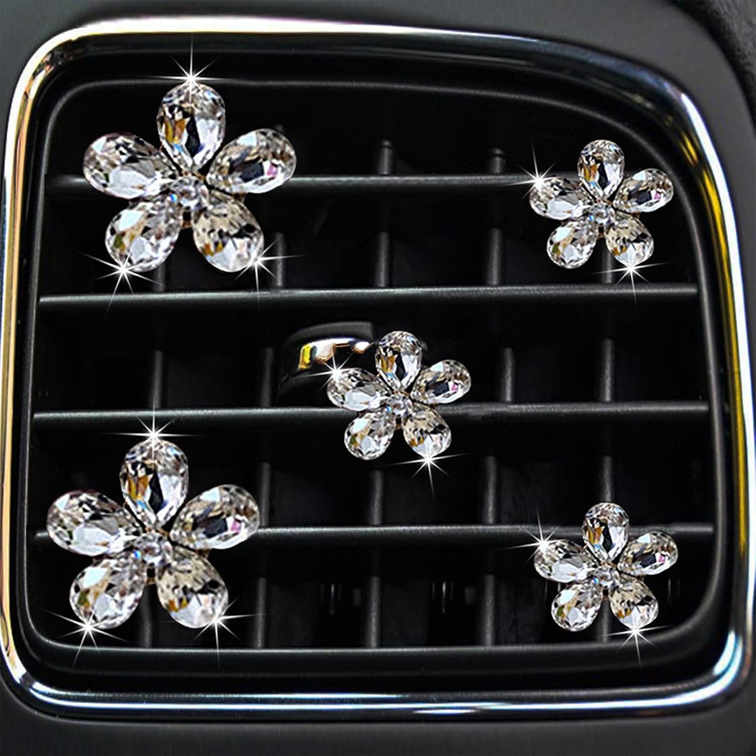 Bling Daisy Flower Car Air Vent Clips, 5PCS Sparkling Crystal Rhinestone Cute Vehicle Air Conditioning Clamp, Diamond Auto Air Outlet Clip Decor for Women Girls (White) image 4