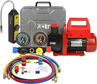 PB Motor Tech Vacuum Pump & Gauge Set - 4.5 CFM Pump with 4 Way Aluminum Manifold Gauge, Leak Detector & PVC Storage Case - Ideal for AC Maintenance, Fits R22, R134A & R410A Refrigerant