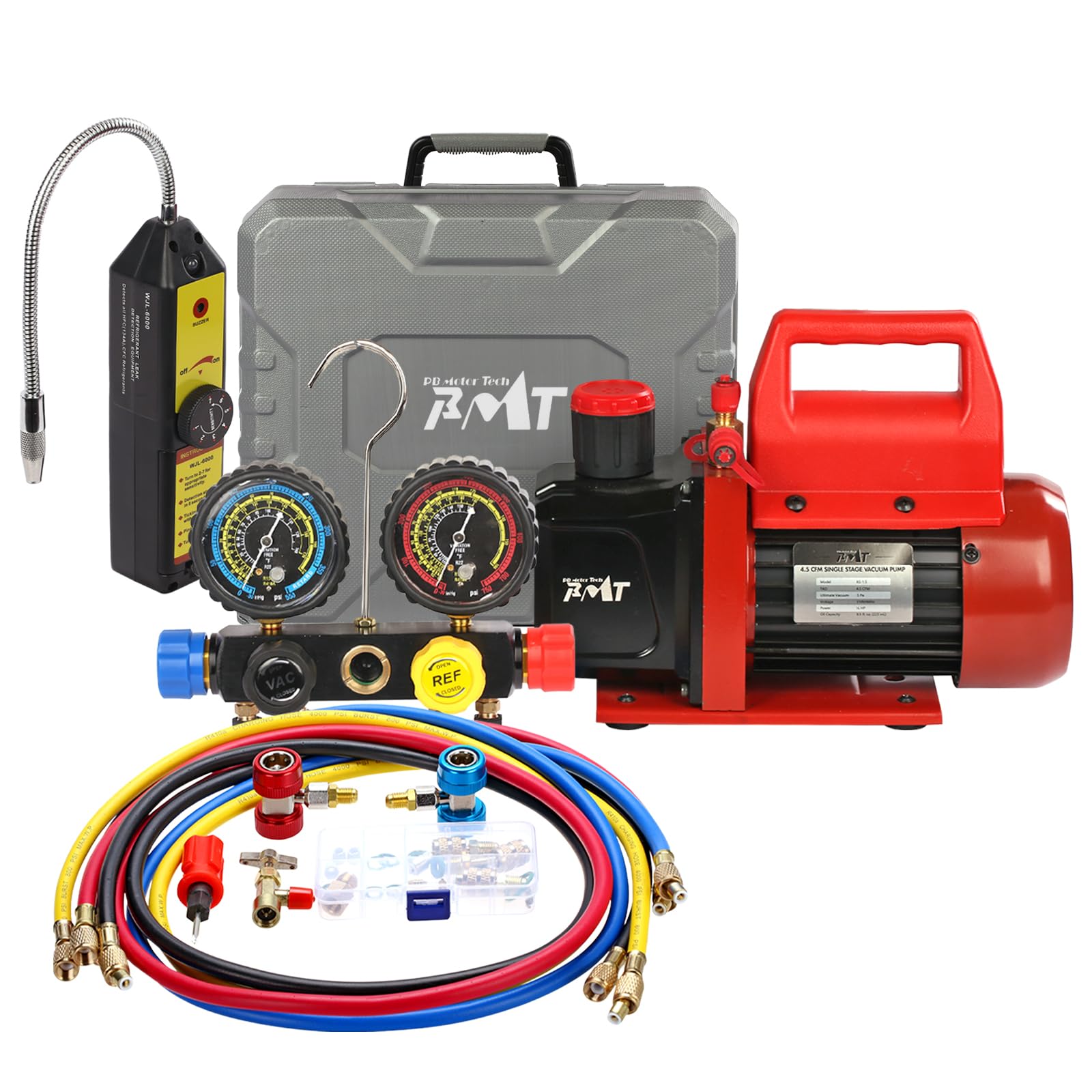 PB Motor Tech - Juego de bomba de vacío y manómetro, bomba de 4.5 CFM con manómetro de aluminio de 4 vías, detector de fugas y caja de almacenamiento de PVC, ideal para mantenimiento de CA, se adapta