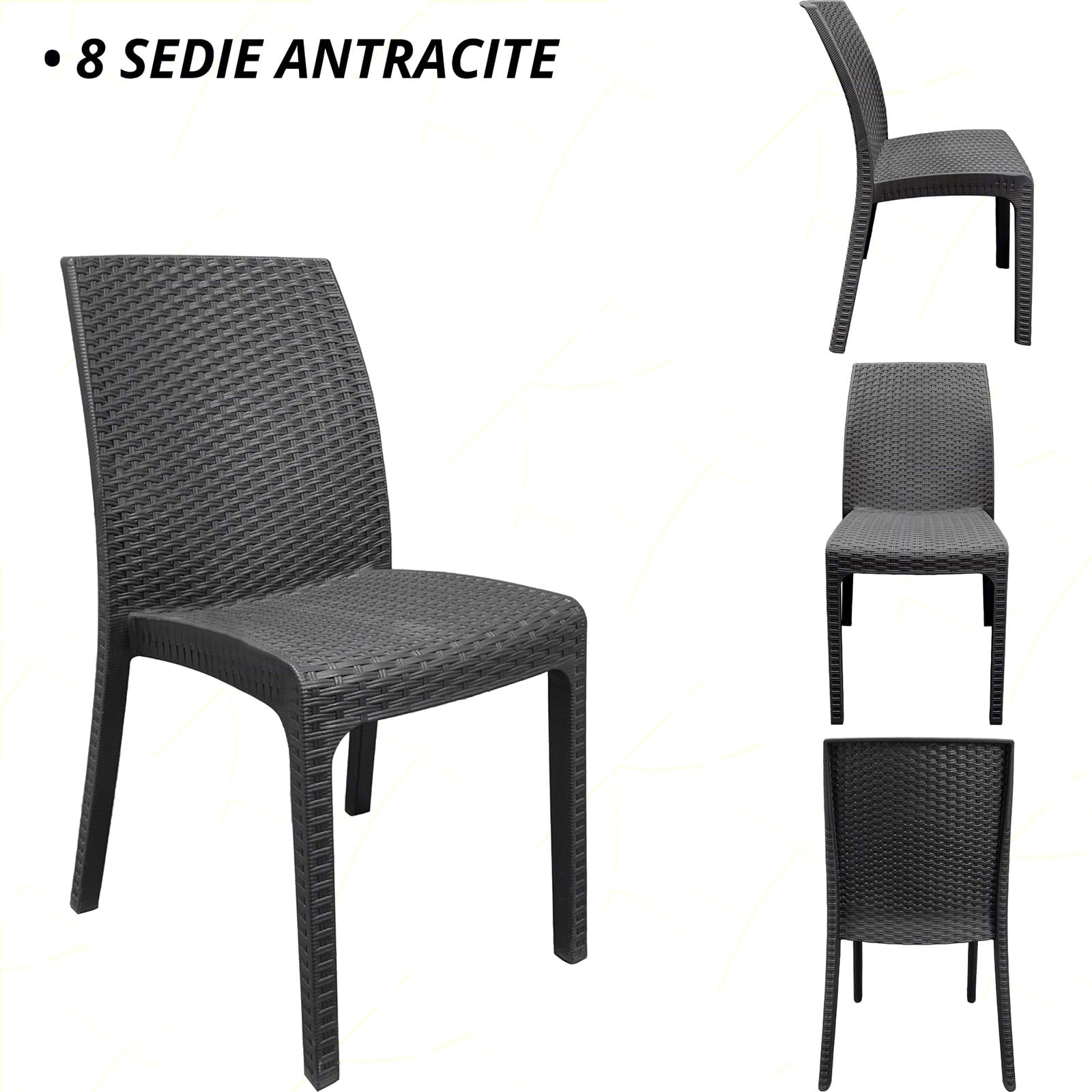 Sicignano | Set 8 Sedie con Tavolo Rettangolare Rattan 220x90 cm, Completo Scuro – Impilabile, Resistente agli UV, Antiscivolo, Arredo Interno Esterno Bar Giardino Terrazzo, Made in Italy