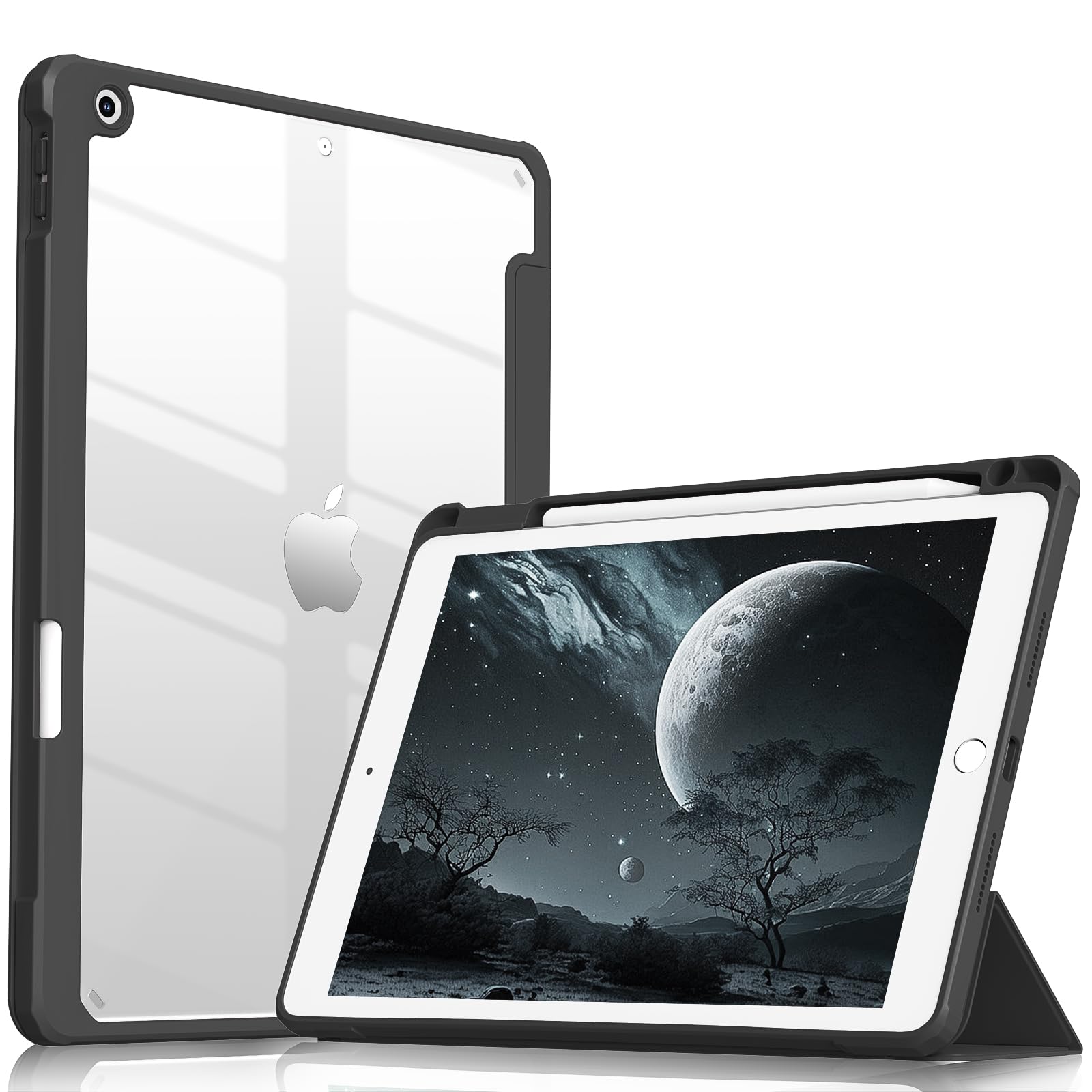 JKSML 10.2" Clear Case Compatible for iPad 9th/8th/7th Generation 2021/2020/2019 with Pencil Holder, Transparent Hard PC Back Shell, [Auto Wake/Sleep]