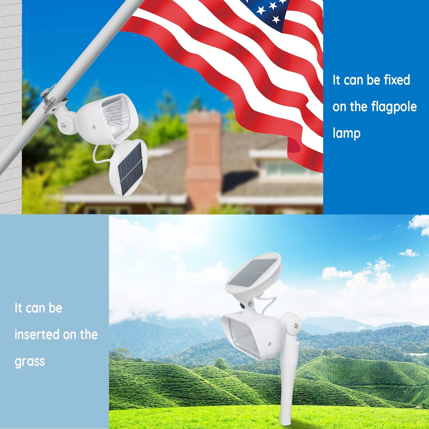 Flag Pole Light Solar Powered, 2 in 1 House Mounted Flagpole Solar Light, Metal Clamps Fits 1” to 3.5” in Diameter Flagpole, Super Bright 4 LED Outdoor Dusk to Dawn for Wall-Mount Flag Poles (White)