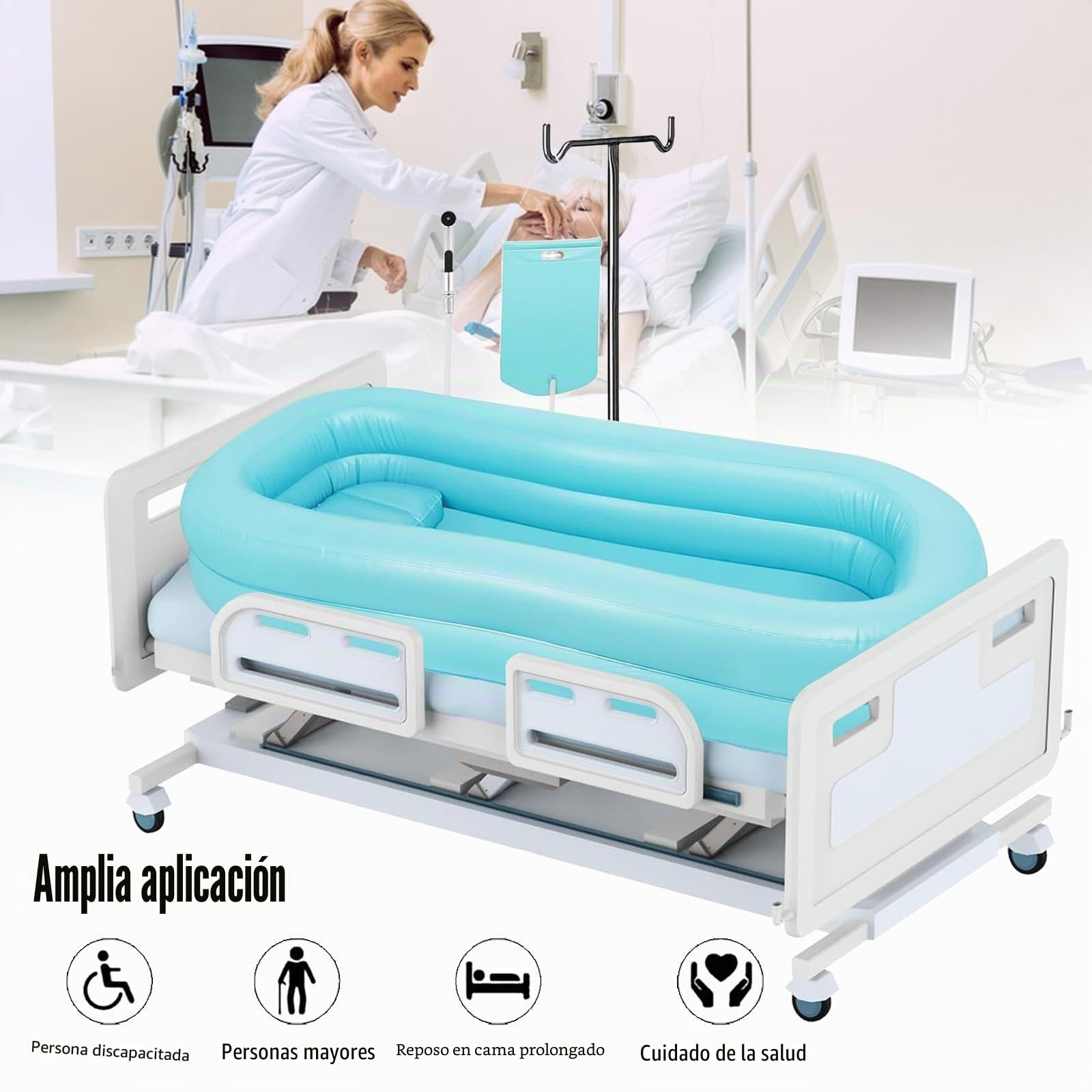 Bañera Inflable Bañera Ducha con Bolsa de Agua y Bomba de Aire para Discapacitados, Herramientas de Baño en la Cama Herramientas para Mesita de Noche Bañera Sistema de Ducha Portátil en Cama