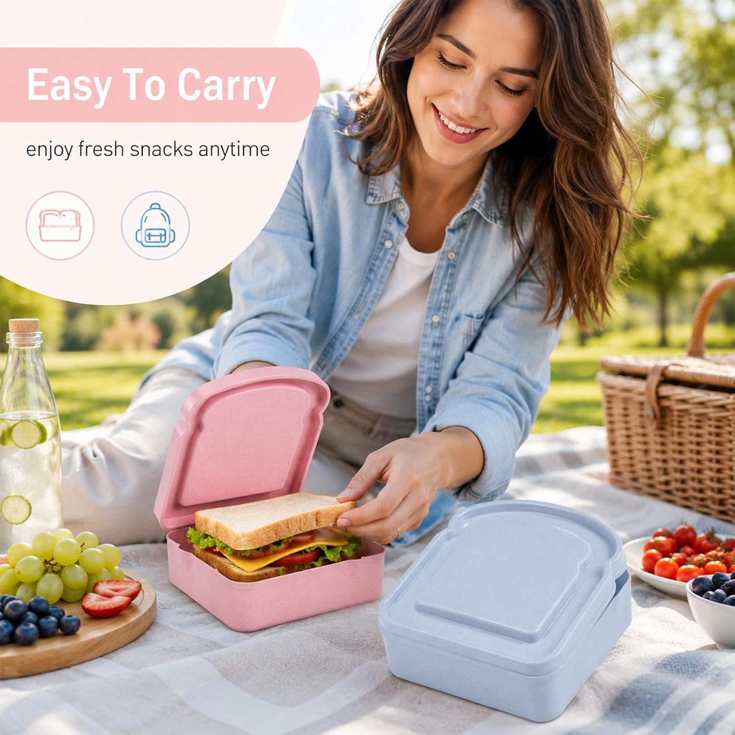 2 Pcs Sandwich Container With Lid, For Sandwiches,Fruits,Snacks(Blue,Pink)