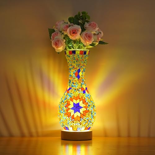 Mosaic Vase Lamp, Turkish Table Lamp with Wood Base, USB LED | Handmade colorful glass vase, oak base, holds water for flowers, USB decor light for bedroom, living room, farmhouse