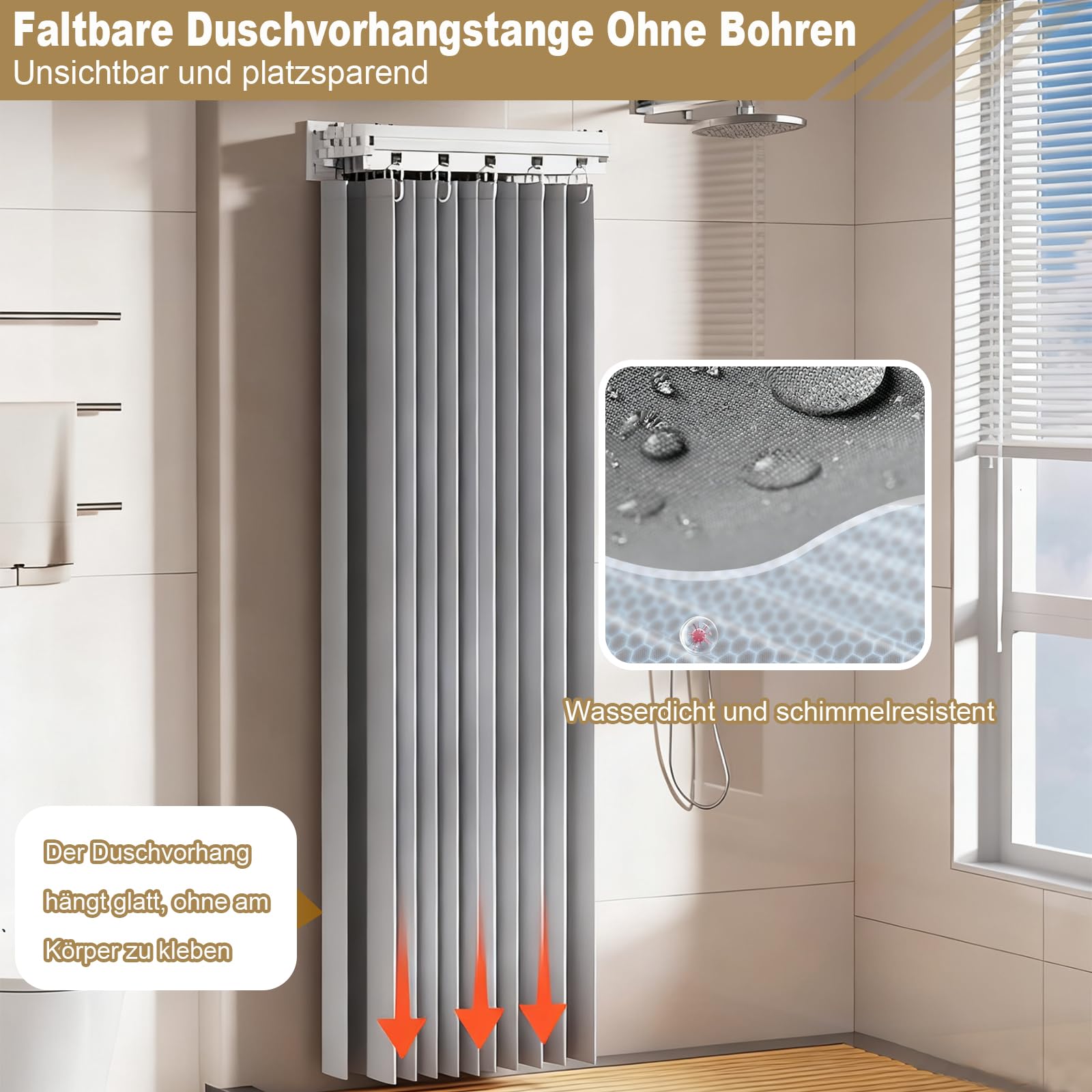 Barra de cortina de ducha plegable sin necesidad de taladrar, plegable en 4 posiciones y giratoria, aleación de aluminio, con 180 x 200 cm, cortina de ducha impermeable antimoho, para baño (blanco