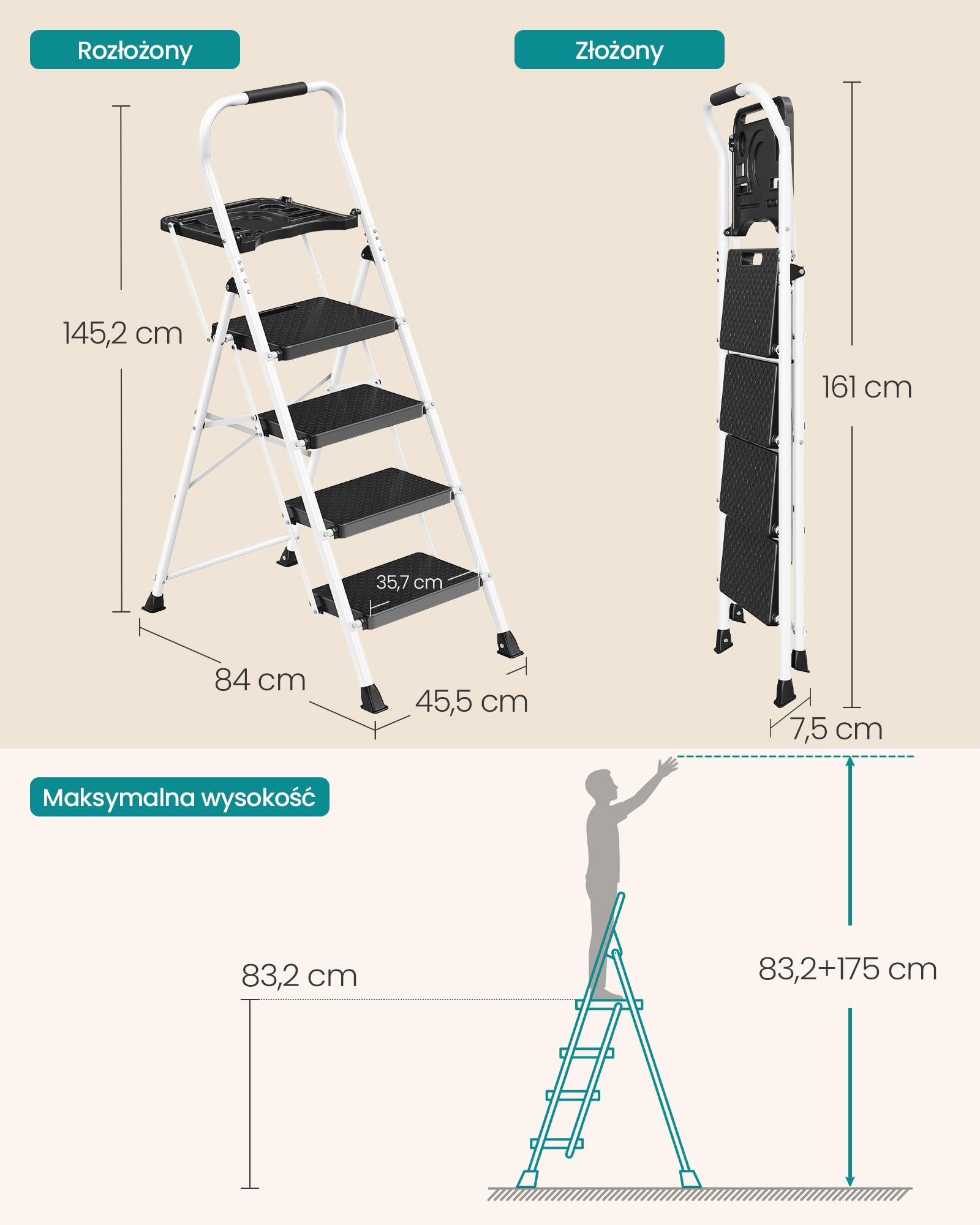 SONGMICS Drabina Składana, Stalowa, Nośność 150 kg, 161 x 45,5 x 7,5 cm | Drabina Domowa z Antypoślizgowymi Stopniami, Certyfikat GS, do Domu i Biura, Czarna, Kolekcja BRODY GSL204WZ01