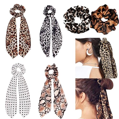 Chiffon Ponytail Hair Scarf Scrunchies - 6 Packs Leopard Print