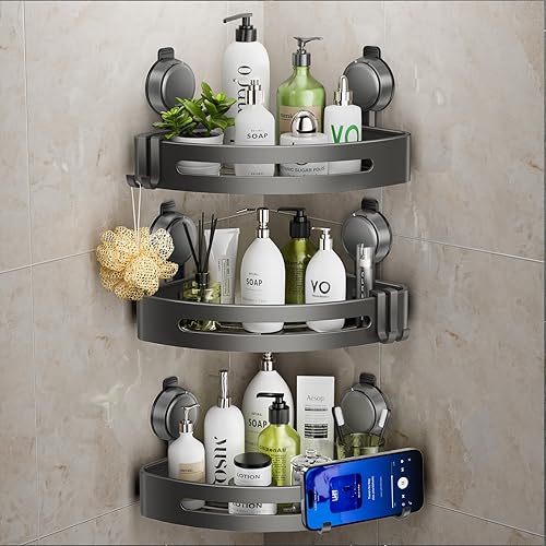 Miniatura 10 de ONXE Organizador de ducha esquinero con ventosa, estantes de ducha con ganchos, sin perforaciones, potente ventosa, organizador y almacenamiento de