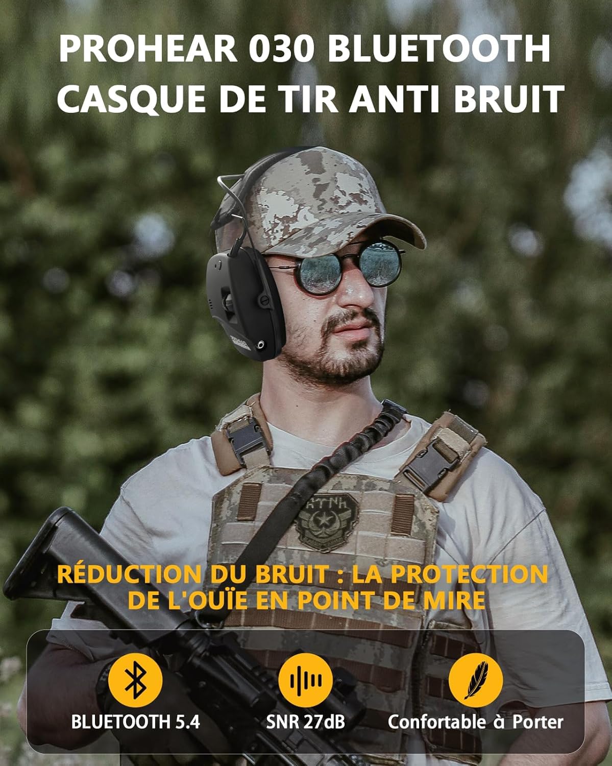 PROHEAR 030 Protection auditive électronique avec Bluetooth 5.4, protection auditive, protection auditive, réduction du bruit, amplification du son pour la chasse, NRR22dB SNR 27 dB, gel noir