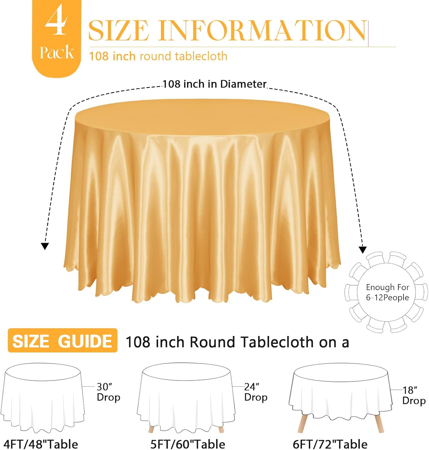 KKJIAF 4 Pack Gold Satin Round Tablecloth 108 Inch, Silky Satin Round Table Cover, Overlay Dining Table Cloths for Wedding Buffet Parties Banquet Decoration