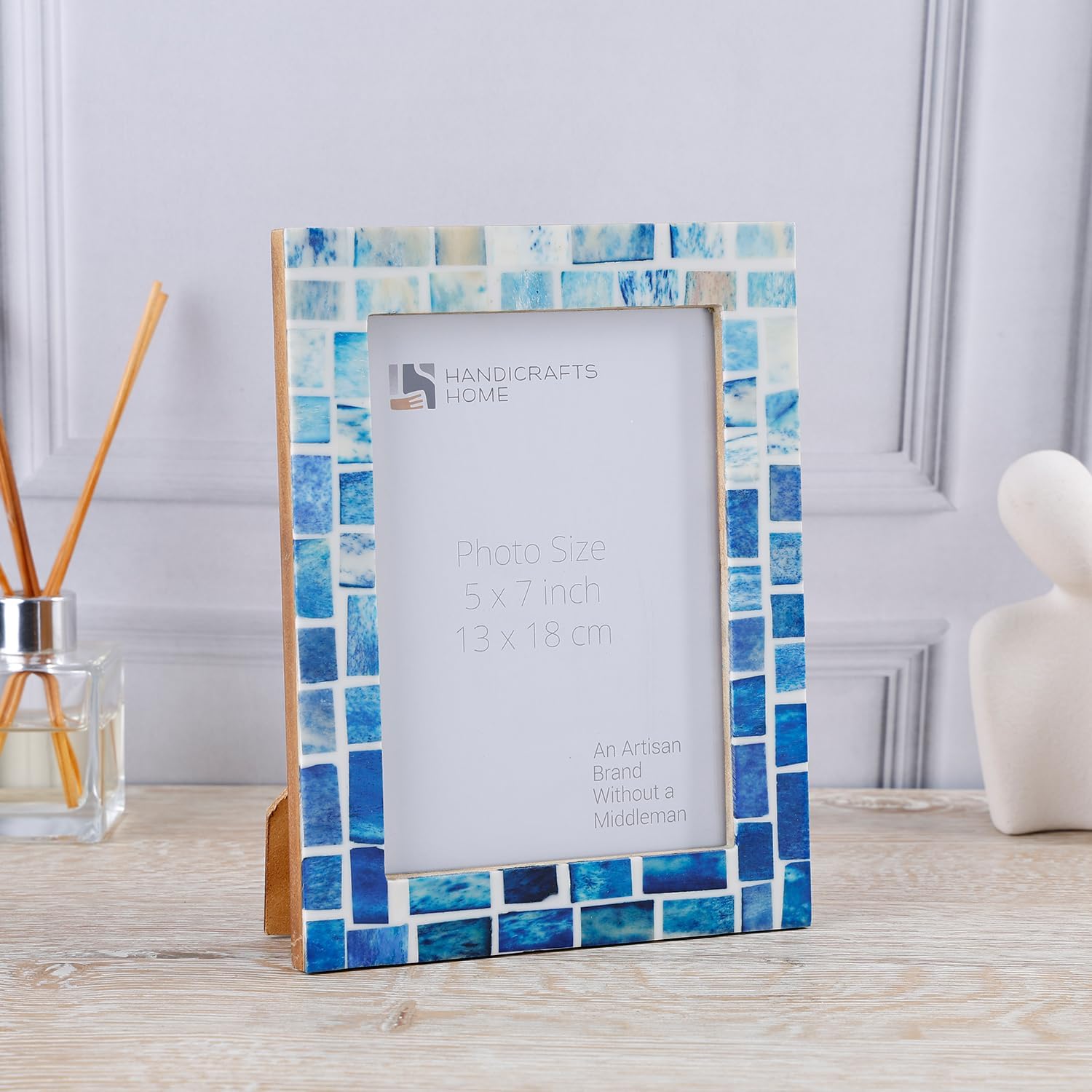 Handicrafts Home Blue Picture Frame, Handmade Bone Inlay 5x7 Photo Frame, Mosaic Indigo Pattern, Artisan Crafted Blue & White Frame for Wall & Tabletop, Coastal Modern Farmhouse Decor, Gallery Wall, Desk & Shelf Styling, Bedroom & Living Room Picture Frame, New Year & Holiday Gift – Mosaic Indigo