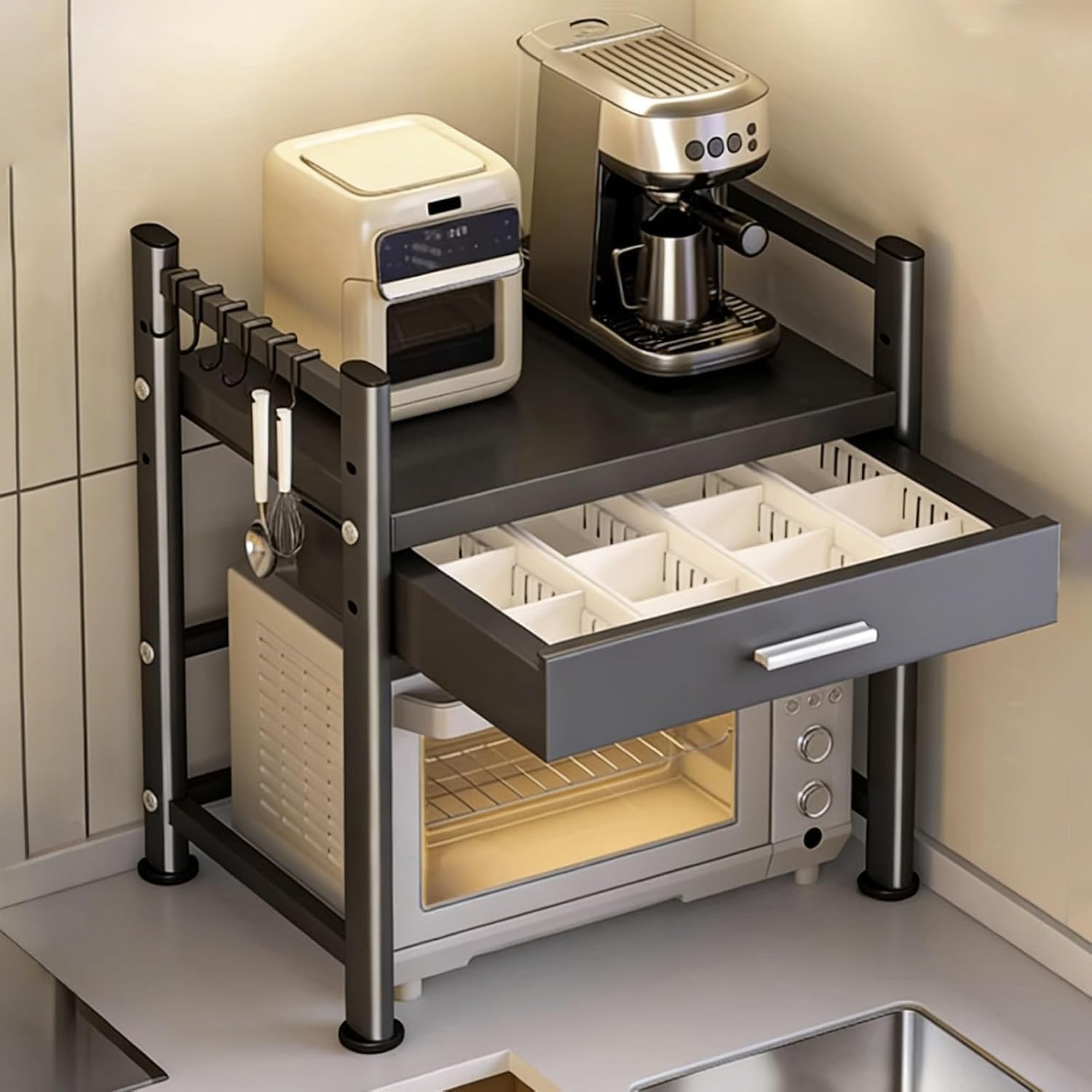 Supporto Per Microonde Con Cassetto, Ripiano Da Cucina Regolabile In Altezza, Organizer Da Piano Di Lavoro Per Utensili E Stoviglie, Ideale Per Piccoli Spazi. Grey