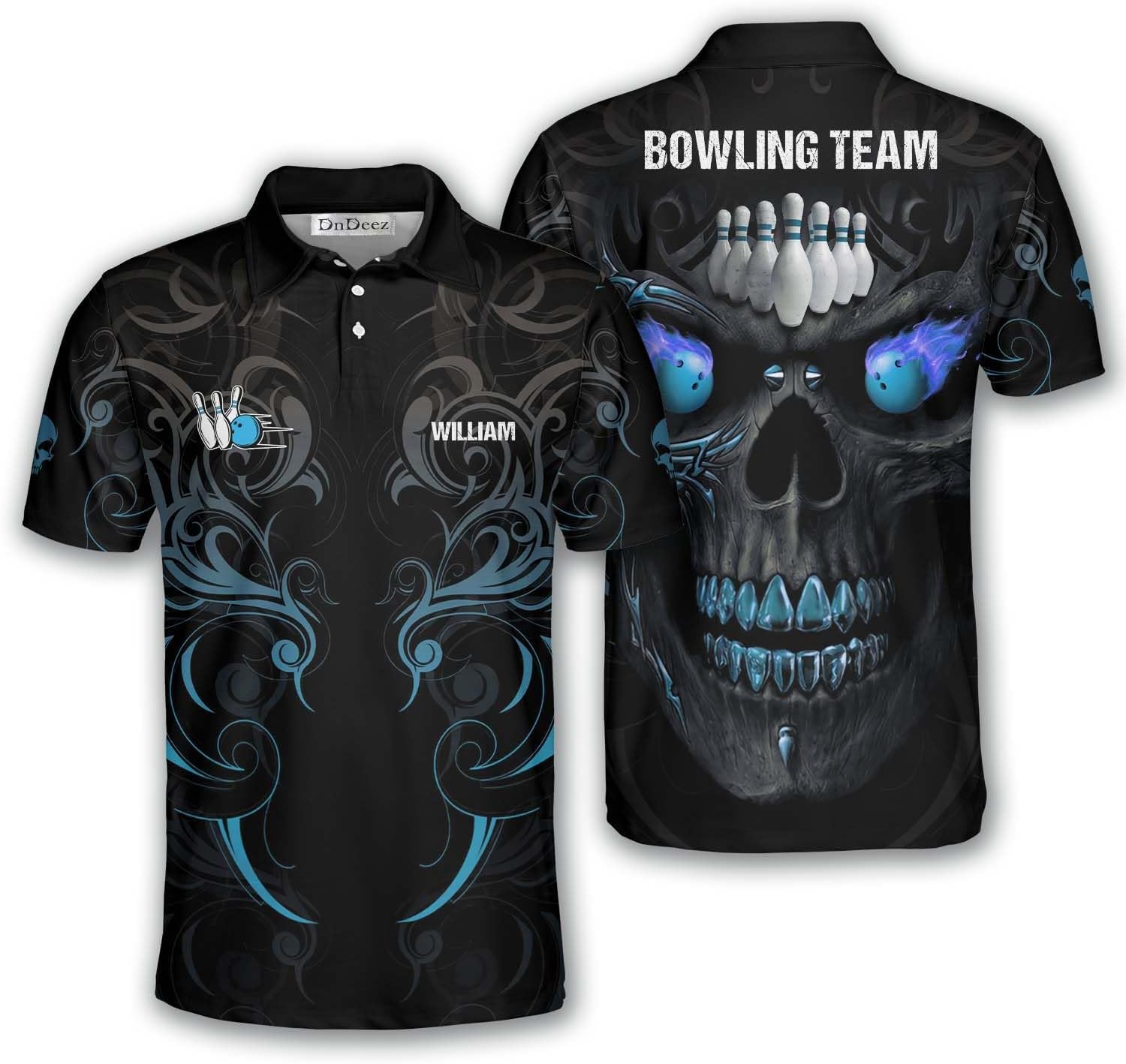 Custom Bowling Shirts for Men, 3D Print Bowling Shirts Unisex Polo Flaming Skull, Sizes S - 5XL