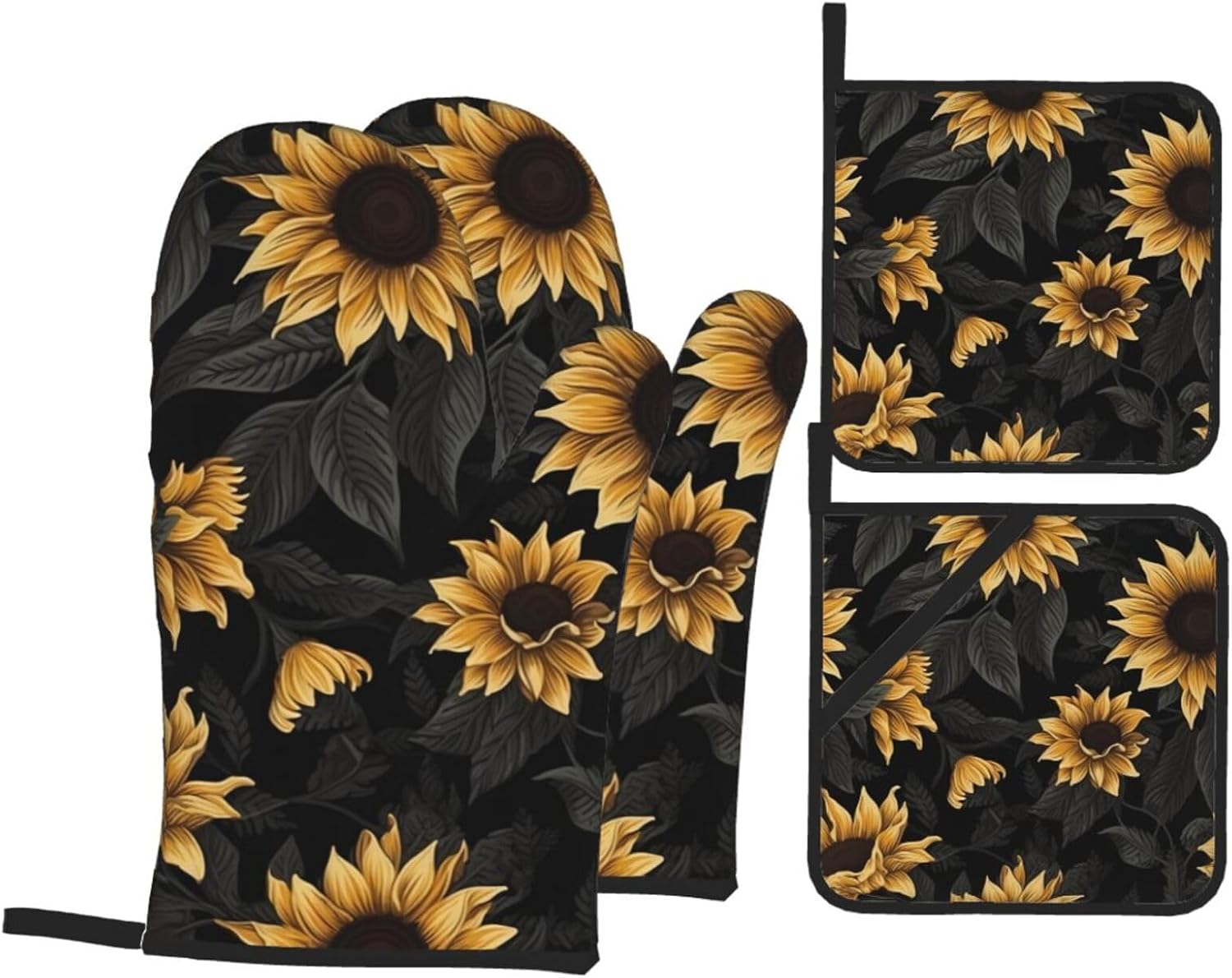 (Sunflowers Printed) Baking 4-Piece Set: 2 Oven Mitts and 2 Pot Holders Heat Resistant Waterproof Hanging Loop for Kitchen Oven Grill Housewarming Gifts