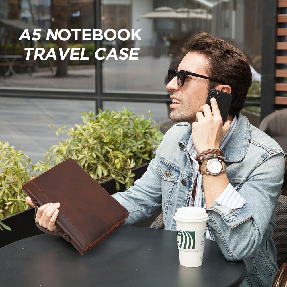 Hiram Funda de piel para cuaderno A5, bolsa de almacenamiento de piel con cremallera, funda para cuaderno A5 con asa de transporte y funda para teléfono móvil