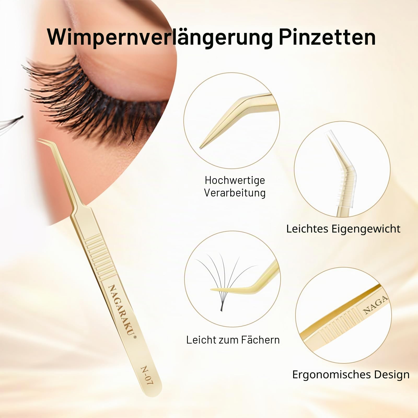 NAGARAKU Wimpernpinzette 5-teiliges Set Professionelle Präzisionspinzette Gerade Gebogene und Volumen Fächer Pinzetten Gold Edelstahl Präzise Schließung Leicht Dünn mit Spitze Schutzkappen In Lederbox