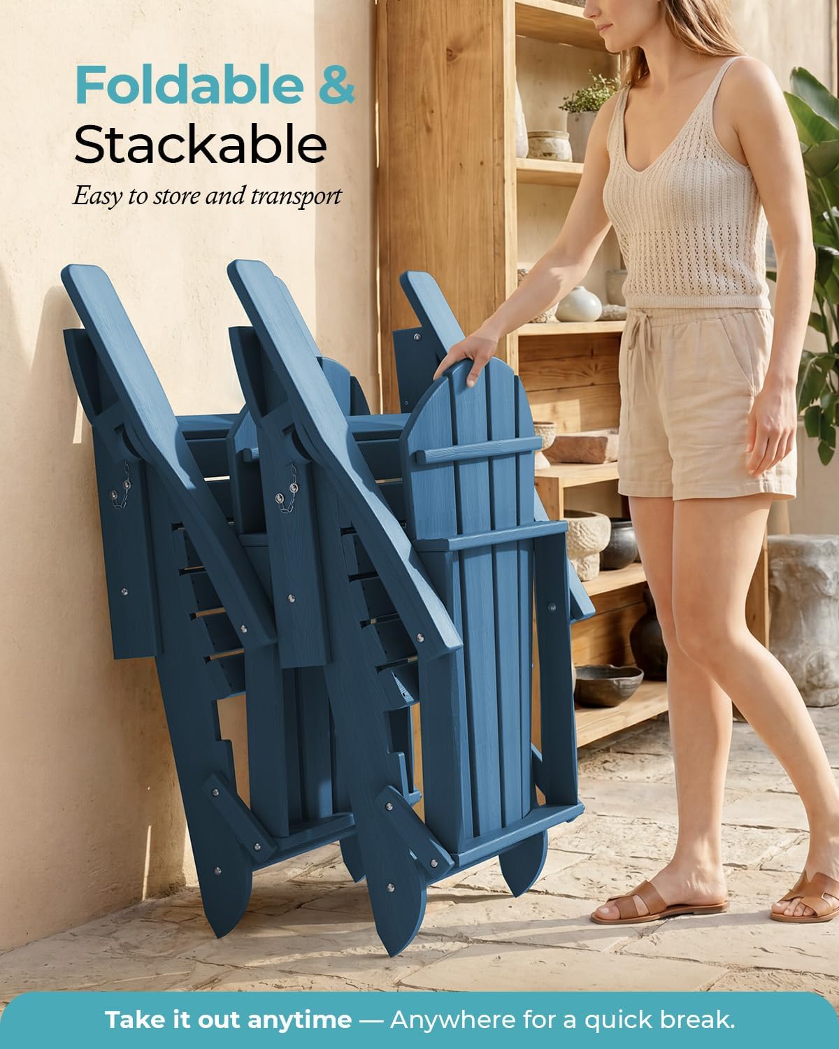 Ciokea Folding Adirondack Chair Wood Texture, Patio Adirondack Chair Weather Resistant, Plastic Fire Pit Chair with Cup Holder, Lawn Chair for Outdoor Porch Garden Backyard Deck (Royal Blue)