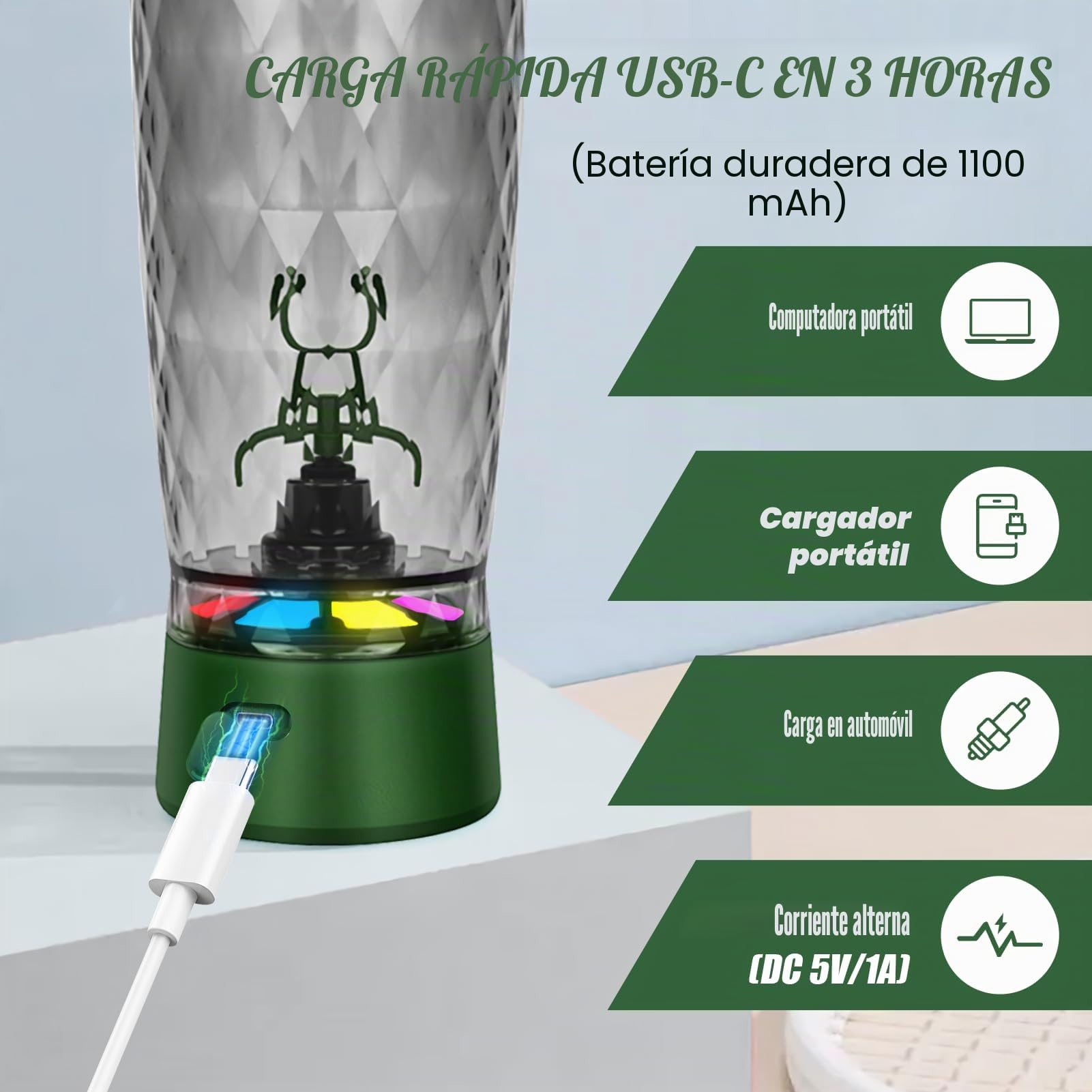 SOARFLY Mezclador de proteinas electrico 650ml shaker proteinas con compartimento para polvo, shaker bottle recargable con USB C para polvo y batido de leche, sin BPA, verde oliva
