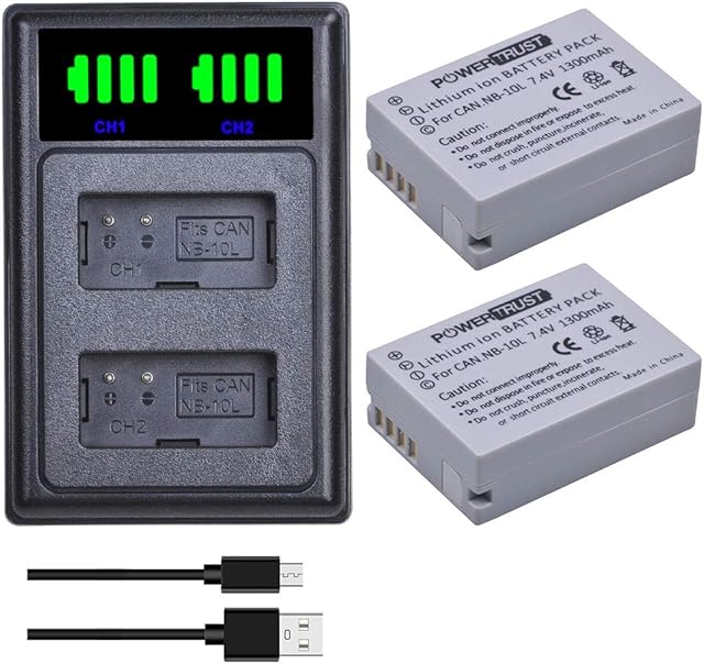 PowerTrust 2Pcs 1300mAh NB-10L Batteries with NB 10L Battery Charger for Canon SX60 HS, G3 X, SX40 HS, SX50 HS, G16, G15, G1 X