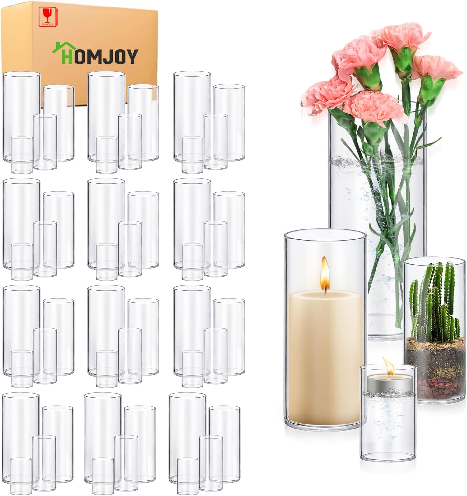 48 Pack Glass Cylinder Vases 4,6,8,10 Inch Tall Clear Flower Vase Hurricane F...