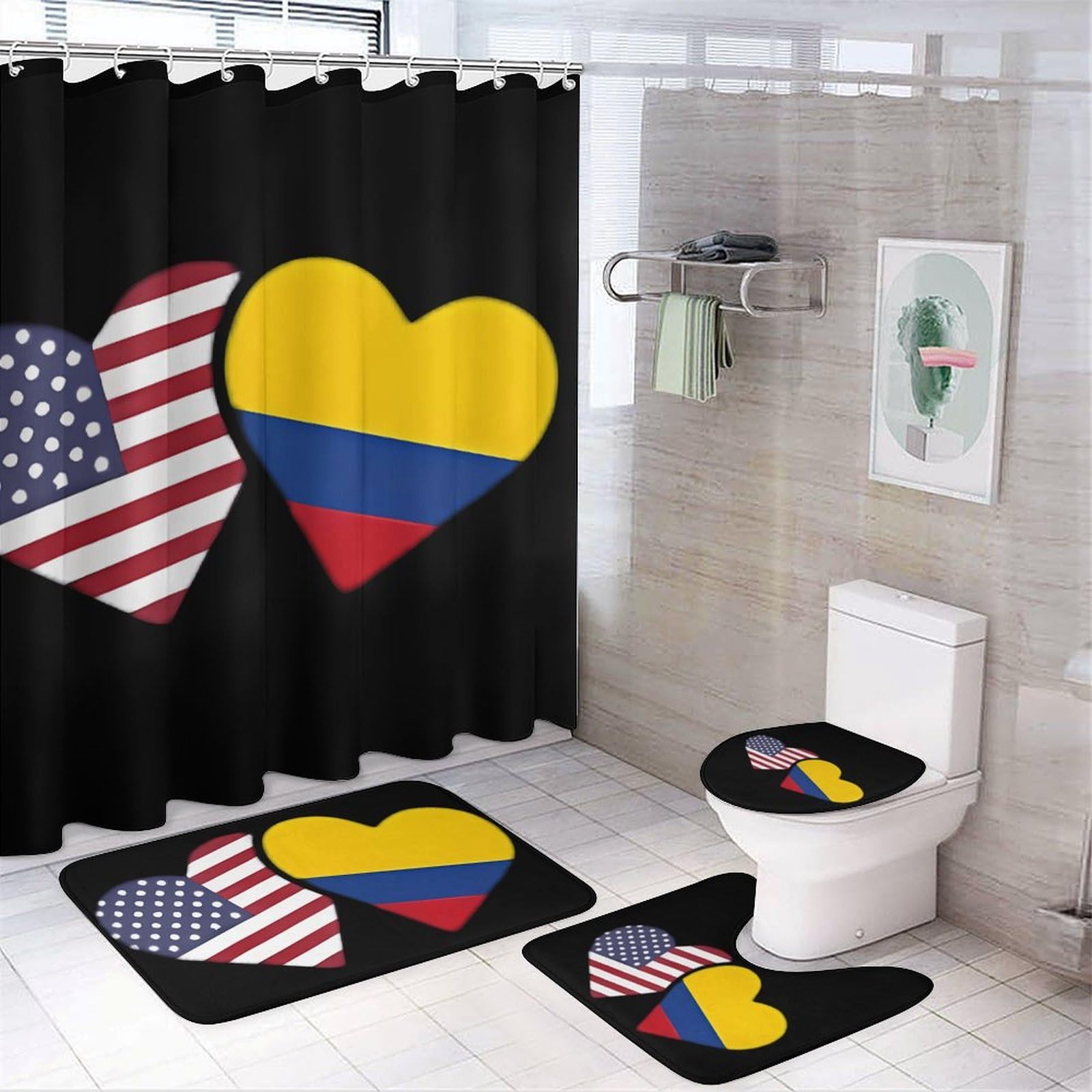CGSBNGHA U.S. Colombia Flag Heart Shower Curtain Set 4 Piece Bathroom Sets with Rugs Toilet Lid Cover And U-Shaped Floor Mat