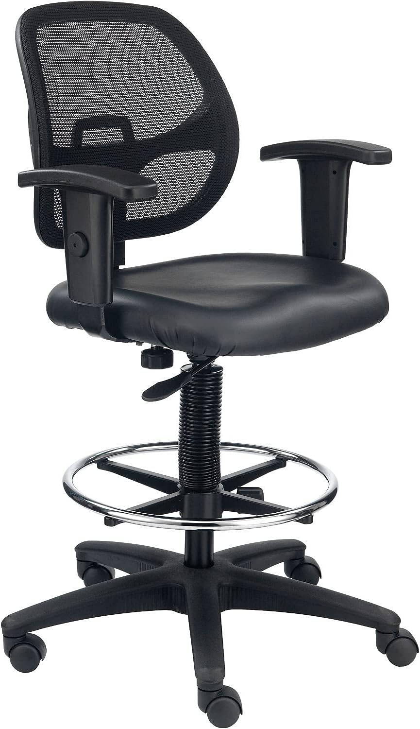 Global Industrial Interion Height Adjustable Vinyl Seat Drafting Stool with Mesh Back, 2" Dual-Wheel Casters, 250 Lbs Capacity, 25" to 35" Seat Height, Black