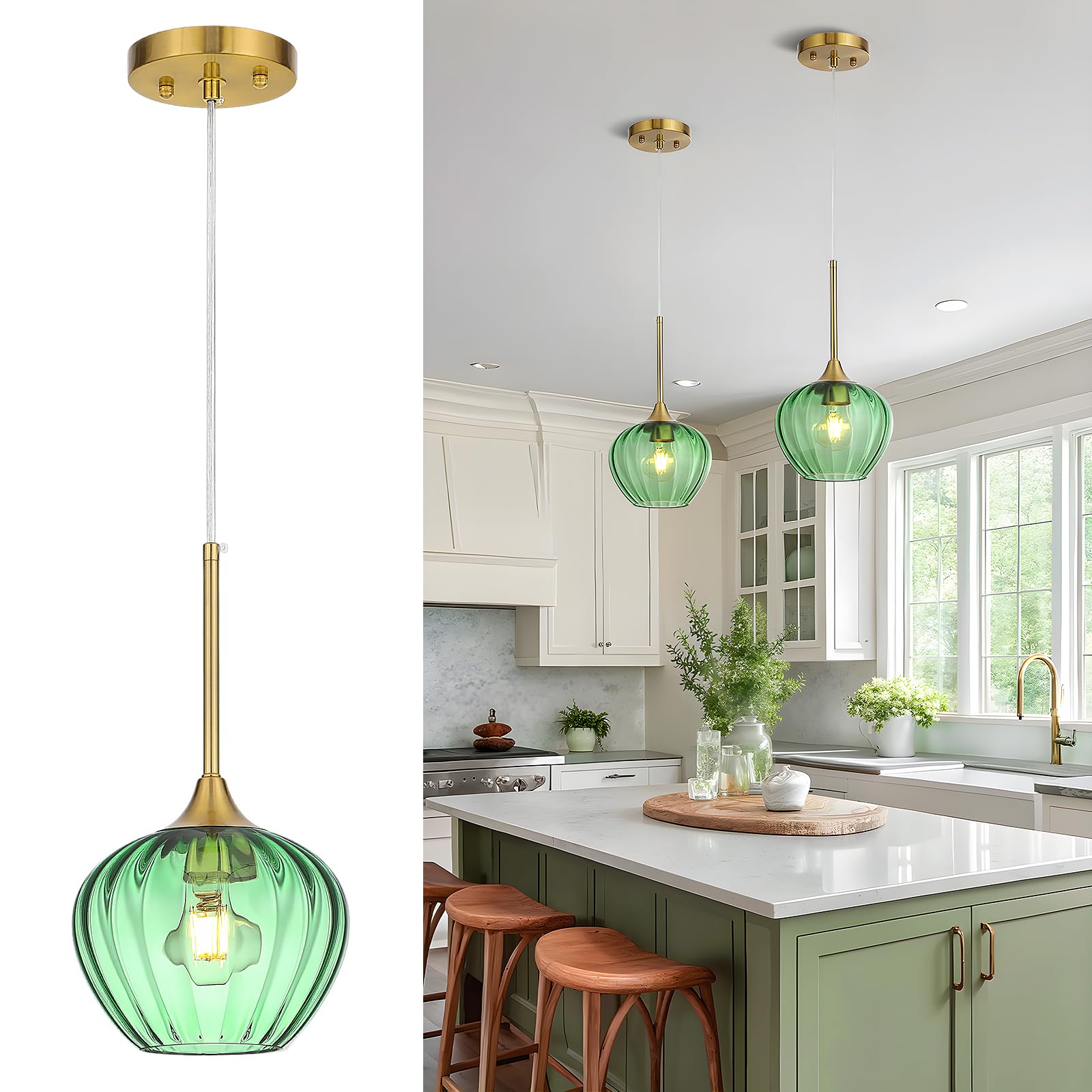 Save 50% on Green Glass Pendant Light - 7 Inch Modern Gold