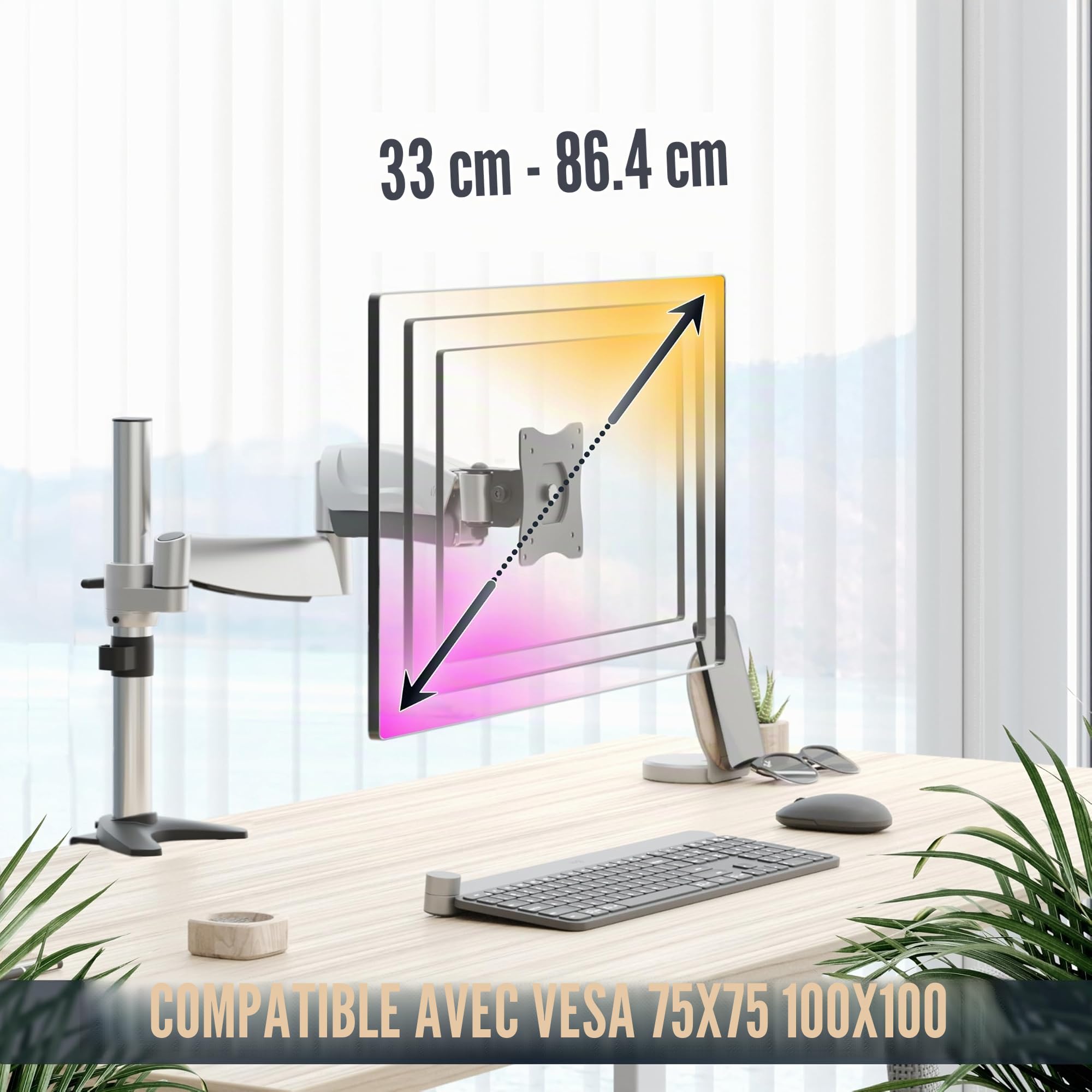 RICOO TS3011 Support Écran PC TV 13 17 19 22 24 27 28 32 34 Pouces VESA 75x75 100x100 Ressort à gaz Orientable Inclinable Rotatif Universel Fixation Bureau Pince de Table