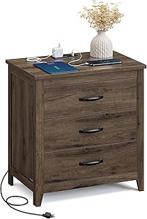 VASAGLE LIRY Collection - Farmhouse Nightstand with Charging Station, Bedside Table, Side End Table with 3 Drawers, for Be... Price In India