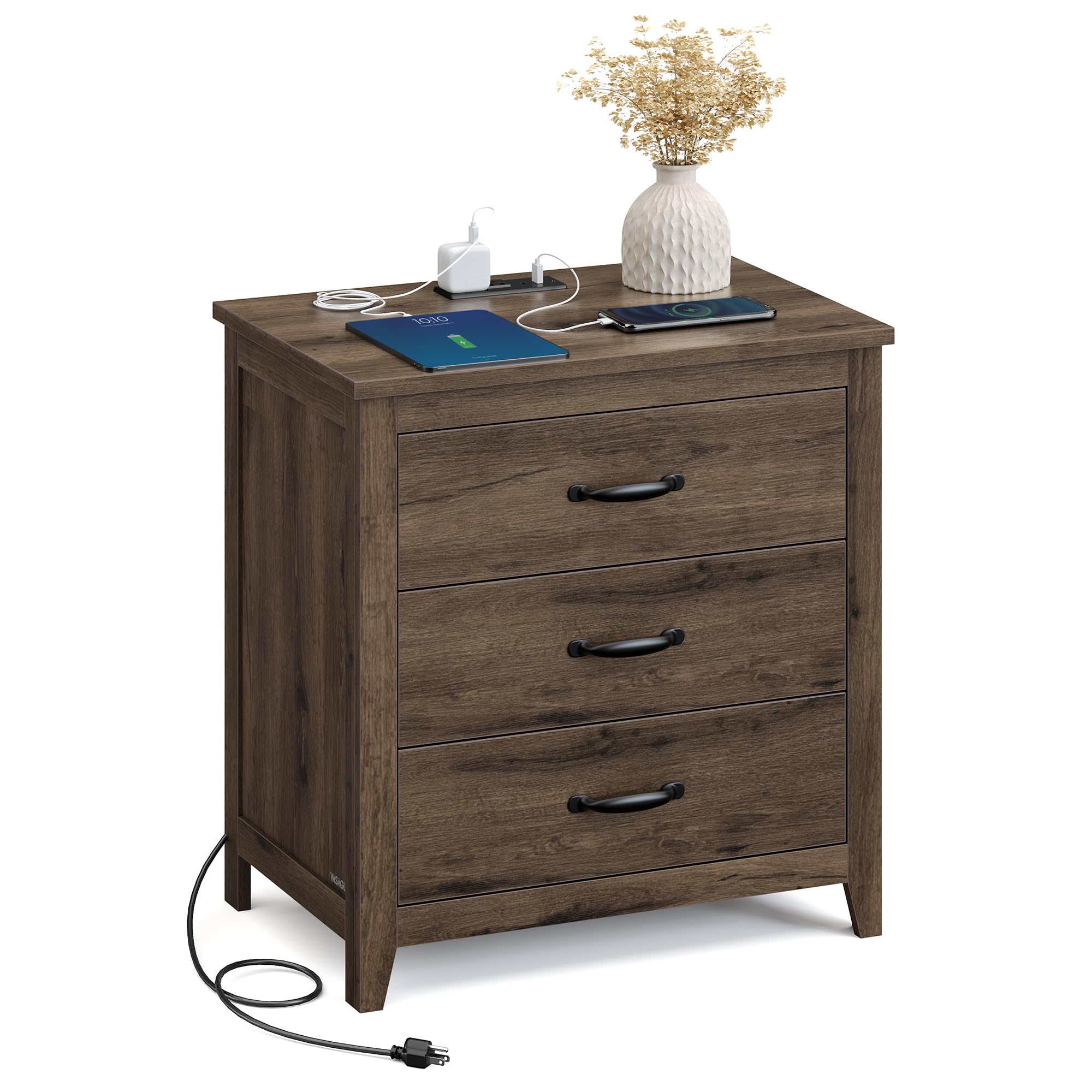 VASAGLE LIRY Collection - Farmhouse Nightstand with Charging Station, Bedside Table, Side End Table with 3 Drawers, for Bedroom, Taupe Brown