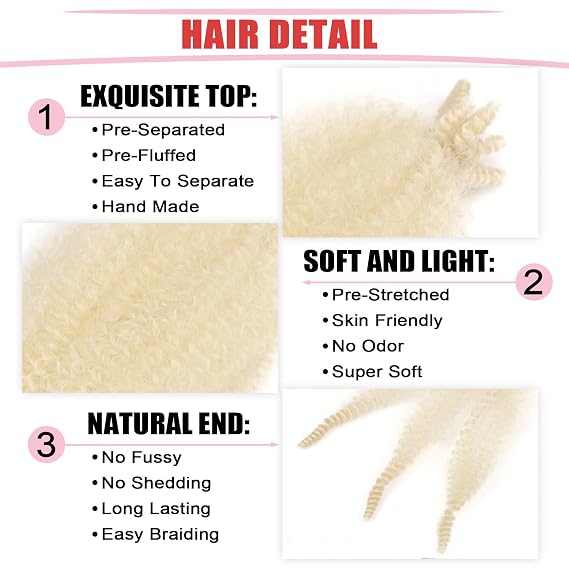 Marley Hair 8 Inch Kinky Twist Hair 3 Packs Blonde Springy Afro Twist Hair Pre-fluffed Kinky Braiding Hair Short Spring Twist Wrapping Hair for Soft Locs Faux Locs (8inch, 613-3)