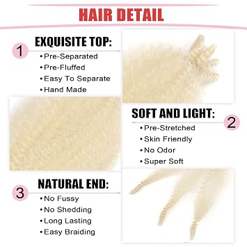 Marley Hair 8 Inch Kinky Twist Hair 3 Packs Blonde Springy Afro Twist Hair Pre-fluffed Kinky Braiding Hair Short Spring Twist Wrapping Hair for Soft Locs Faux Locs (8inch, 613-3)