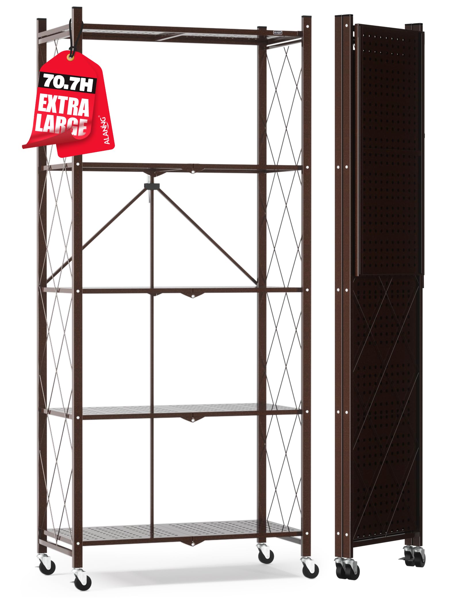 ALANNG 70.7" H Metal Storage Shelves, 5 Tier Folding Shelf on Wheels