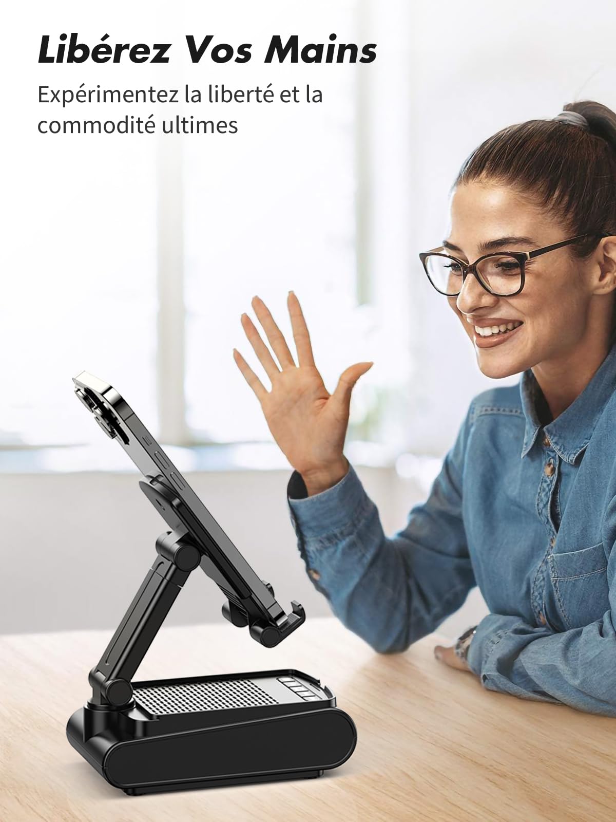Support Téléphone Bureau avec Enceinte Bluetooth, Anti-Dérapant & Son Surround HD, Tablette Réglable & Portable, Convient pour iPhone/Samsung/iPad, Etc