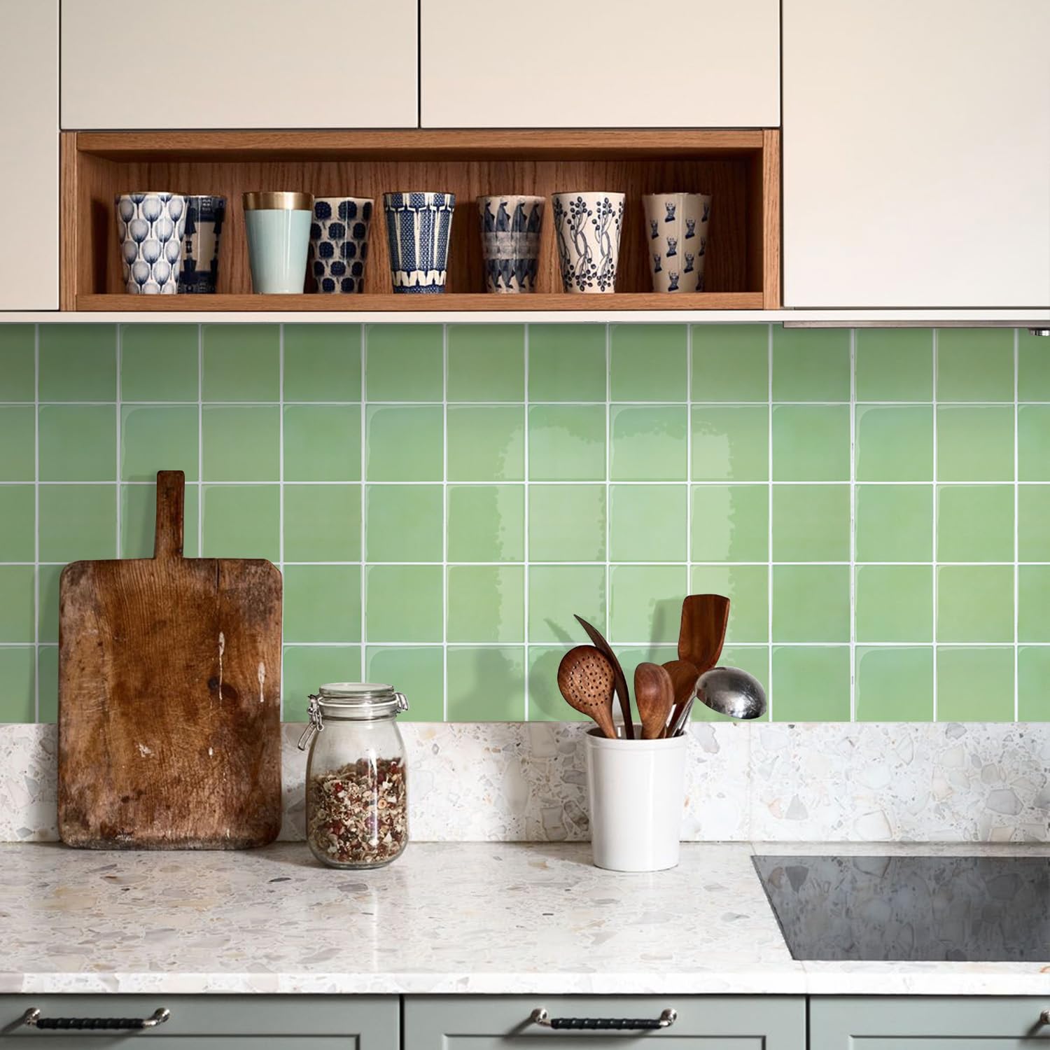 Commomy Più Spessi Paraschizzi Cucina Adesivo, 10 pezzi, 30,5 x 30,5 cm | Verde Salvia Piastrelle Mattonelle Adesive Bagno Vinile 3D Metro, Adesivi per Piastrelle Impermeabili
