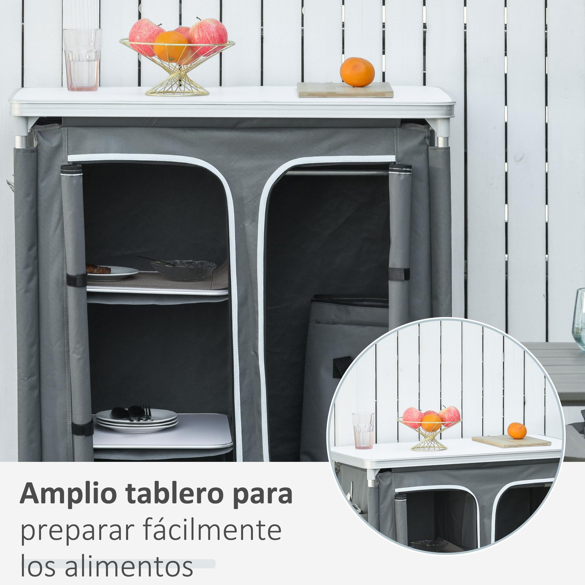 Outsunny Armario de Camping Plegable Mueble de Cocina para Camping con 3 Estantes Compartimento Puerta con Cremallera Estructura de Aluminio y Bolsa de Transporte para Exterior 96x49,5x104 cm Gris