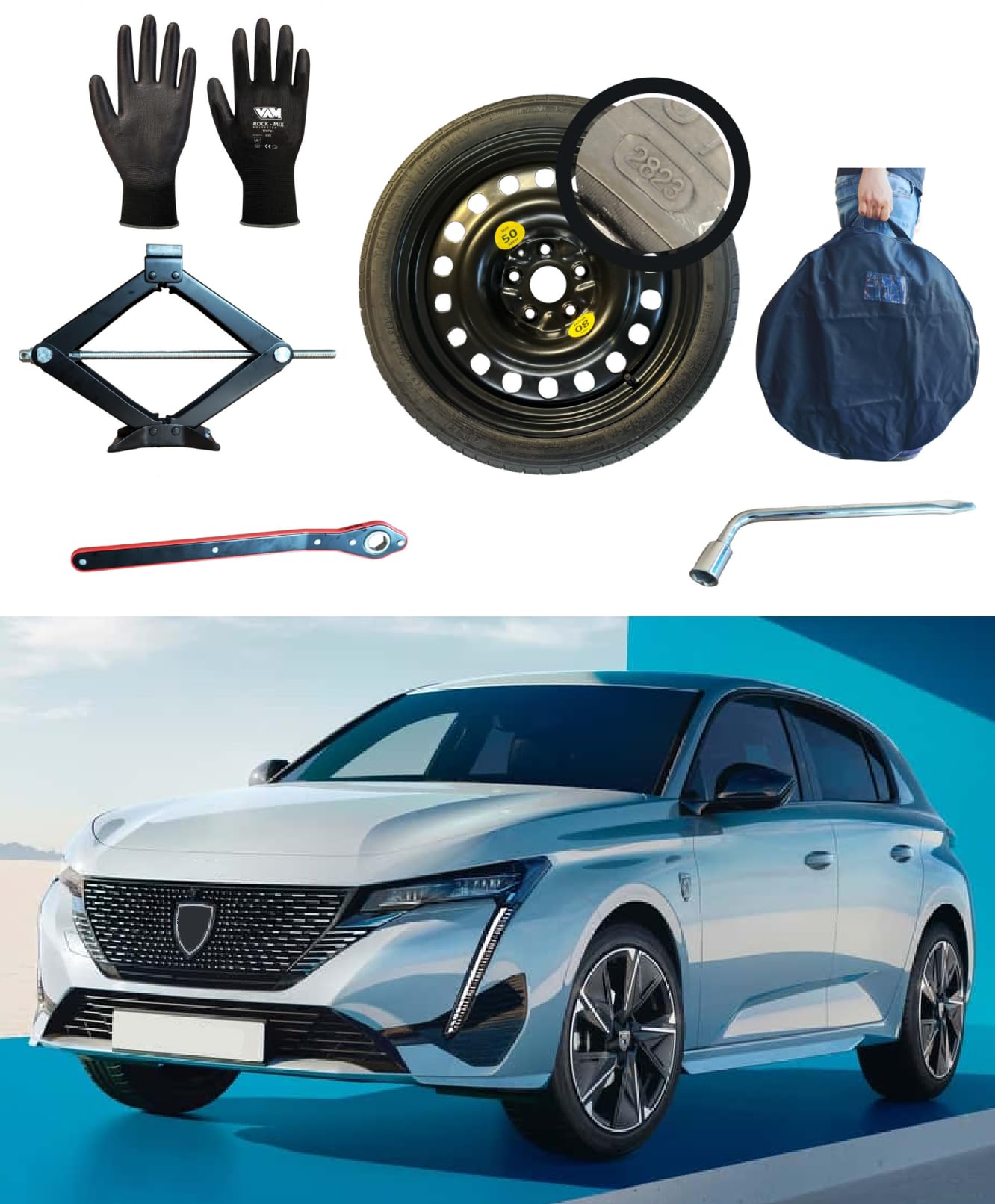 Kit Roue de secours 17" compatible avec Peugeot 308 (2013>) avec Cric, Clé, Gants et Sac
