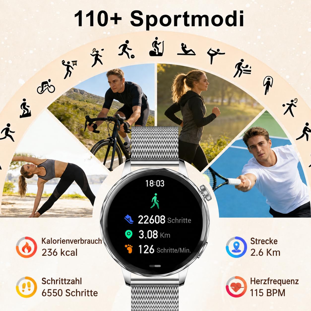 Smartwatch Donna Chiamate BLE5.3, 1,27'' HD Schermo Orologio Smartwatch Rotondo con Notifiche Messaggi/120+ Sportive/Cardiofrequenzimetro/SpO2/Sonno, Smart Watch Donna IP68 per Android iOS, Argento