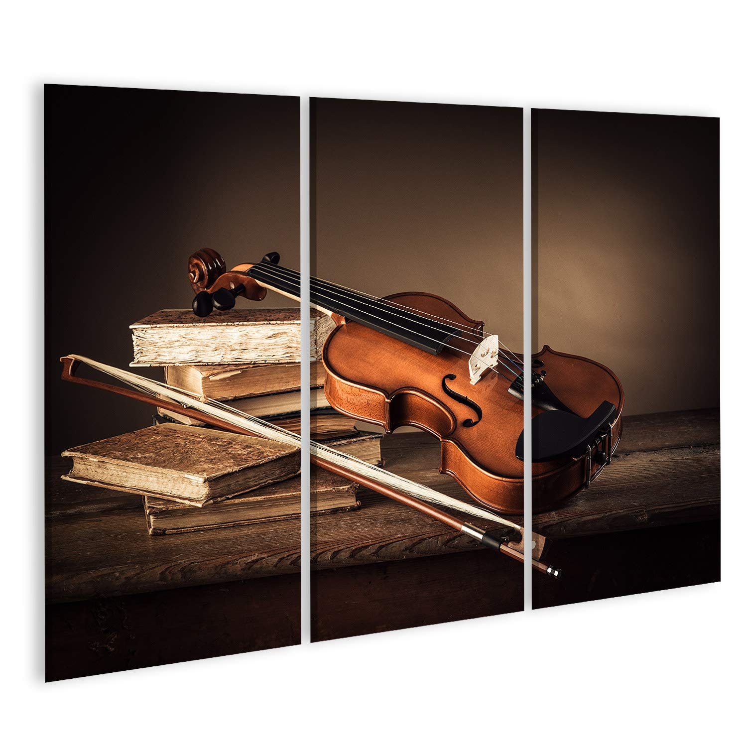 islandburner Prime - Quadro su tela, arte musicale, vita morta, arco violino antichi libri, tavolo in legno rustico, poster da parete