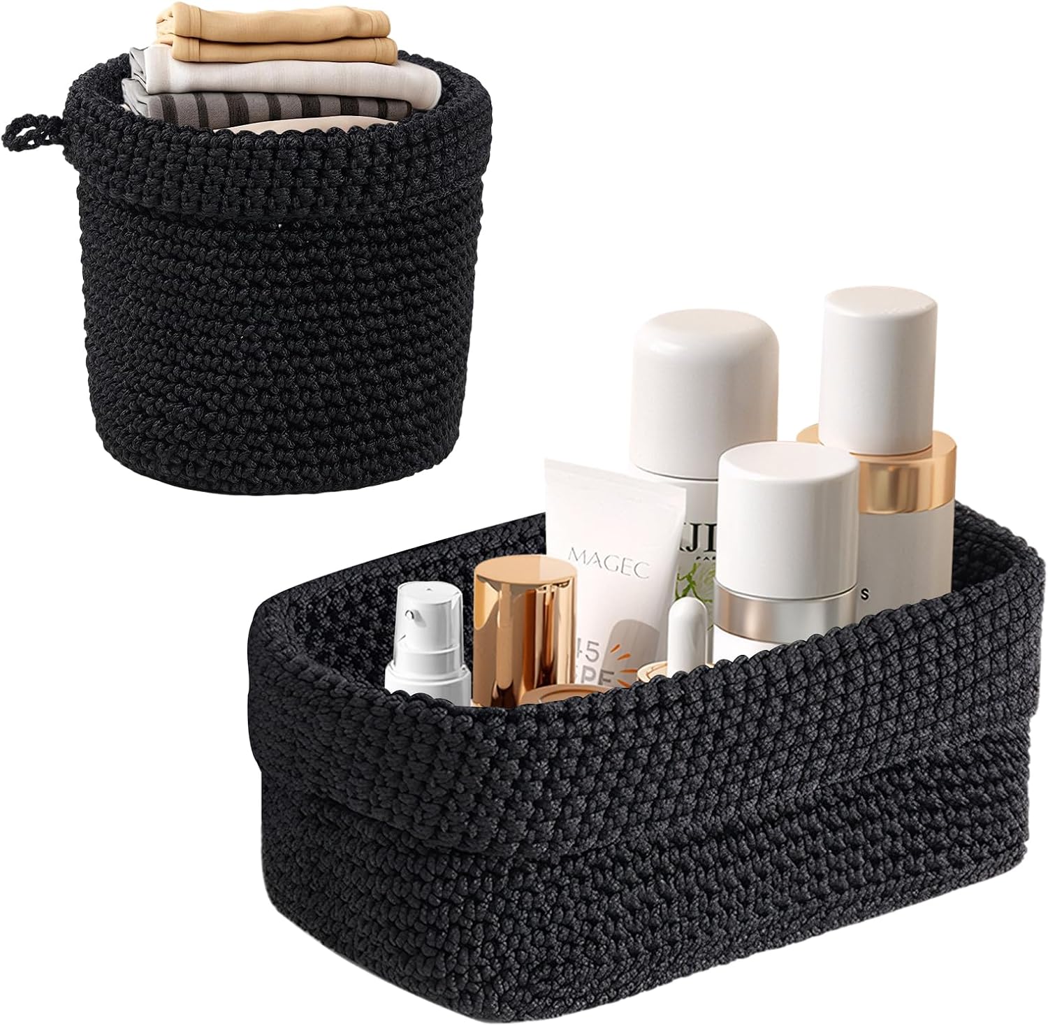 Set of 2 Woven Baskets for Organizing, Cotton Rope Basket, Stackable Organizer, Bathroom Storage Baskets, Decorative Storage Baskets for Living Room, Kitchen, Bathroom, Bedroom, Black