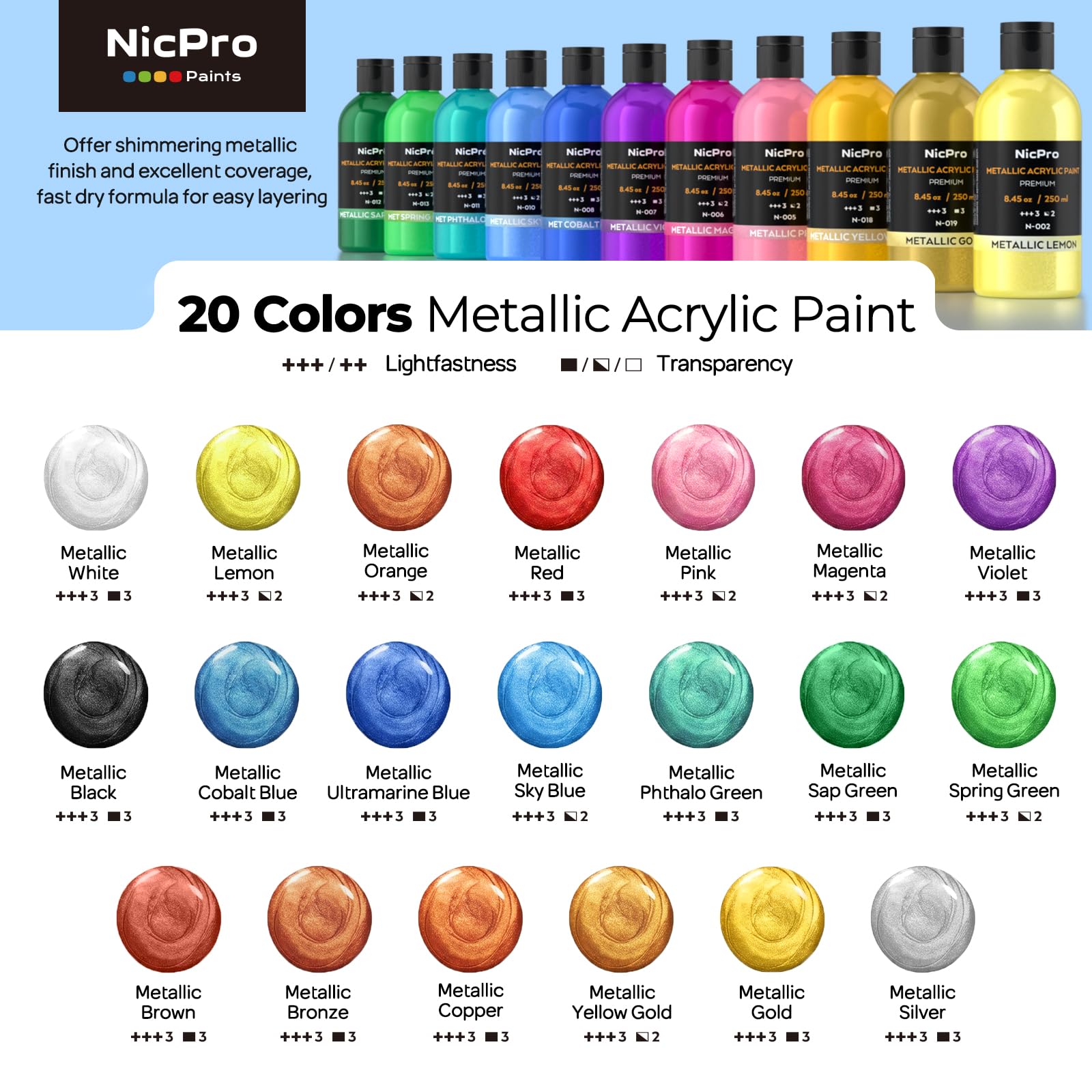 Nicpro Metallic Acrylfarben Set (20× 250 ml), 20 Farben große Acrylfarbe lose, ungiftig Kunst Malerei Lieferungen für Multi Oberfläche Leinwand Felsen Holz Leder Stein Metall Handwerk mit Farbrad